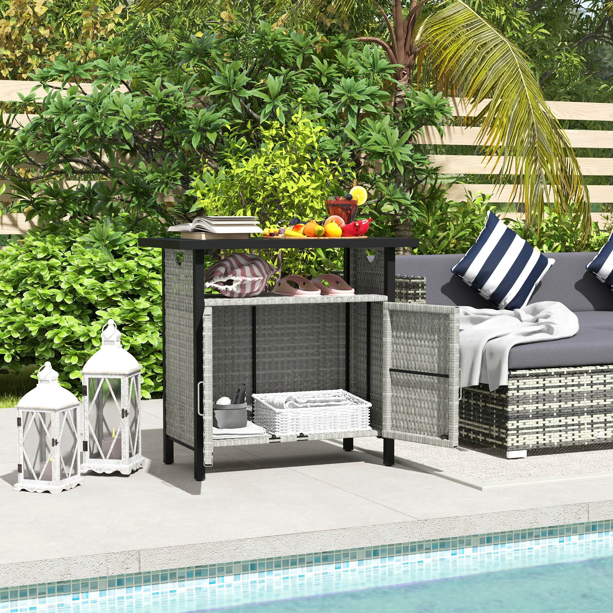 Outdoor Outdoor Bar Table with Shelf and Cabinet, Rattan Pool Towel Holder Pool Valet, Gray - Image 3