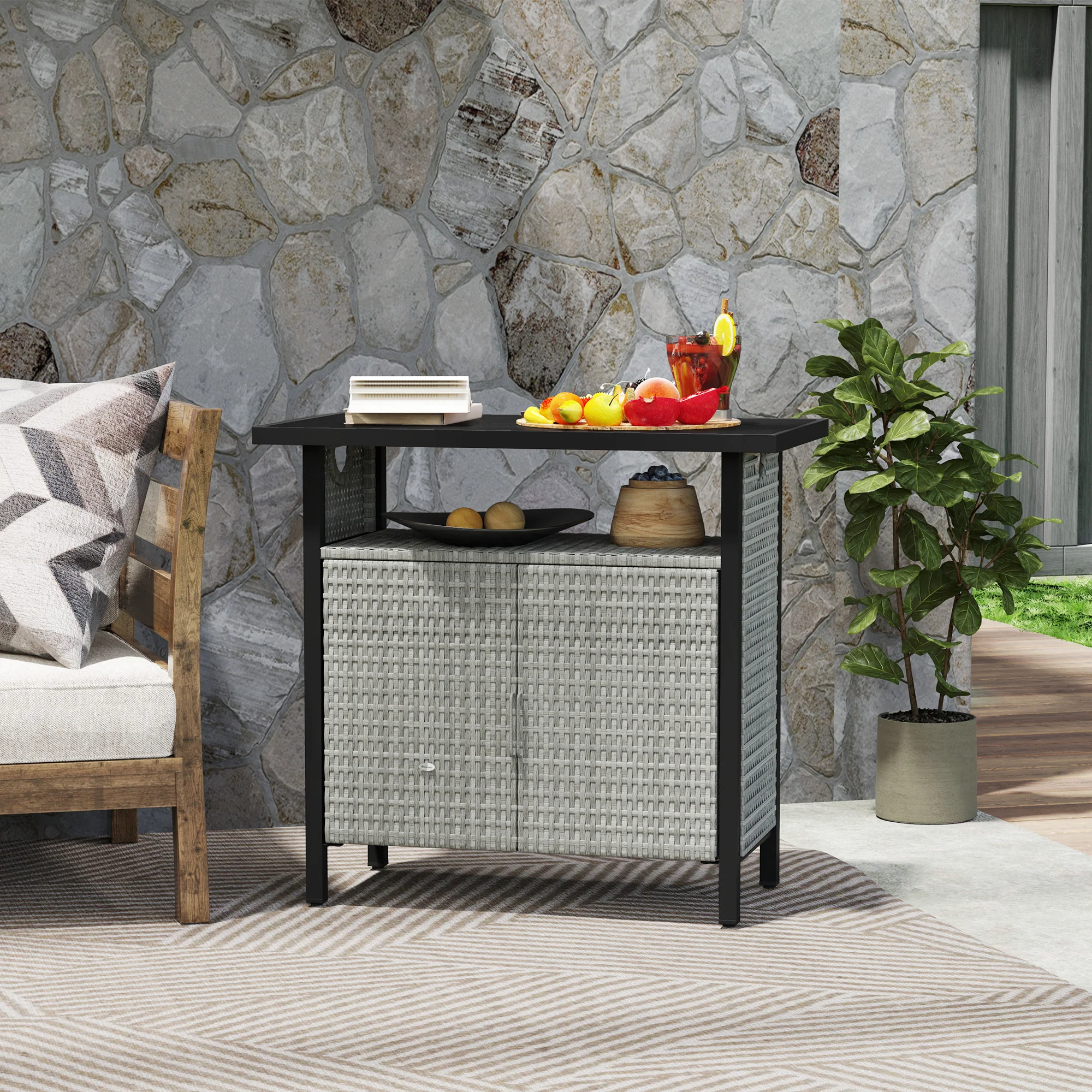 Outdoor Outdoor Bar Table with Shelf and Cabinet, Rattan Pool Towel Holder Pool Valet, Gray - Image 4