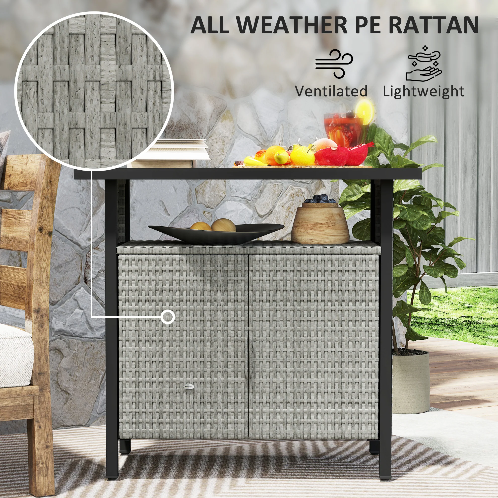 Outdoor Outdoor Bar Table with Shelf and Cabinet, Rattan Pool Towel Holder Pool Valet, Gray - Image 7