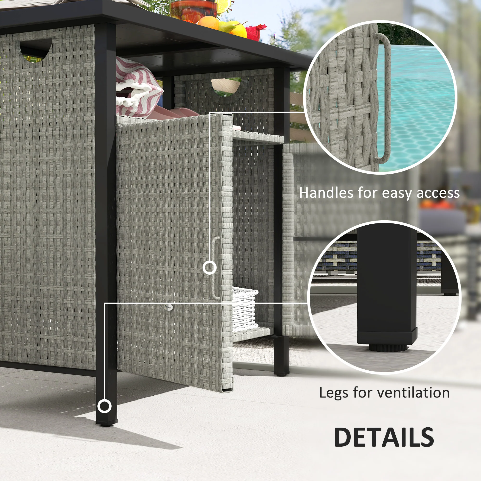 Outdoor Outdoor Bar Table with Shelf and Cabinet, Rattan Pool Towel Holder Pool Valet, Gray - Image 8