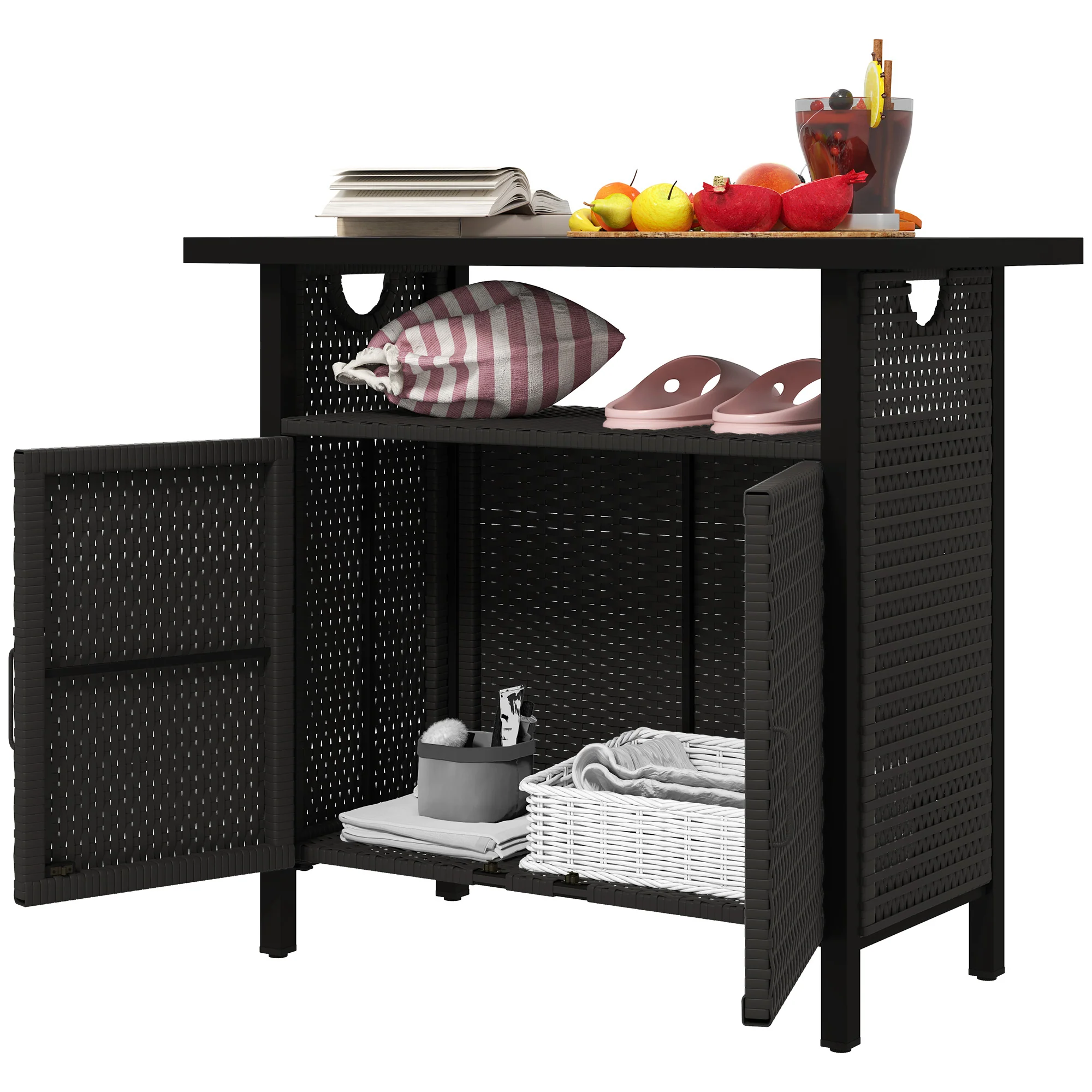 Outdoor Outdoor Bar Table with Shelf and Cabinet, Rattan Pool Towel Holder Pool Valet, Espresso - Image 2