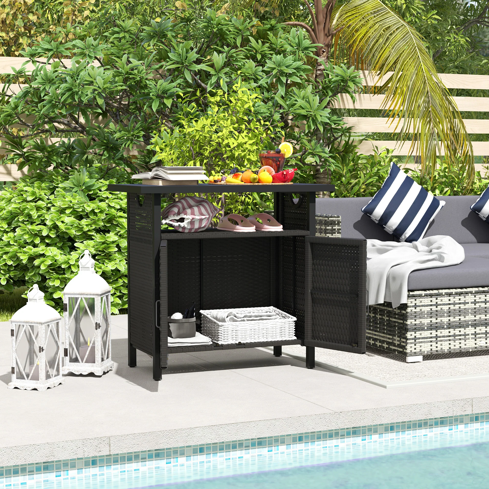 Outdoor Outdoor Bar Table with Shelf and Cabinet, Rattan Pool Towel Holder Pool Valet, Espresso - Image 3
