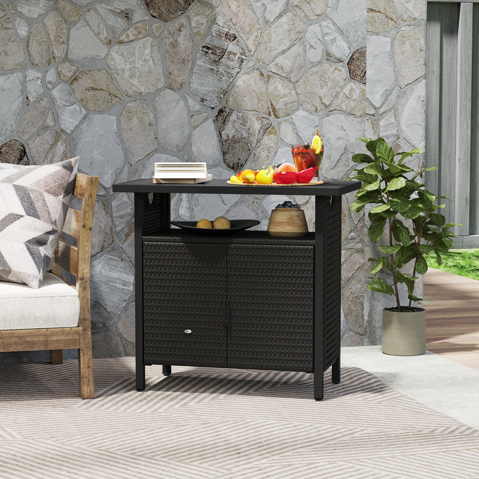 Outdoor Outdoor Bar Table with Shelf and Cabinet, Rattan Pool Towel Holder Pool Valet, Espresso - Image 4