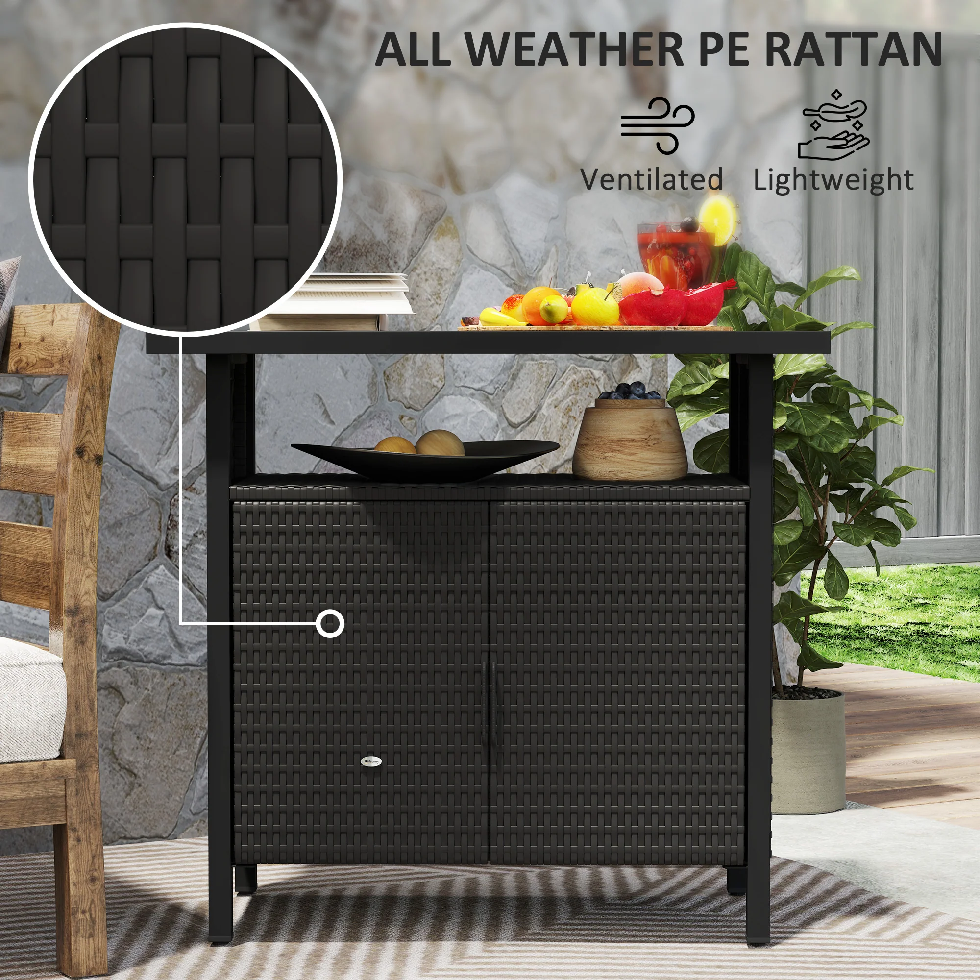 Outdoor Outdoor Bar Table with Shelf and Cabinet, Rattan Pool Towel Holder Pool Valet, Espresso - Image 7