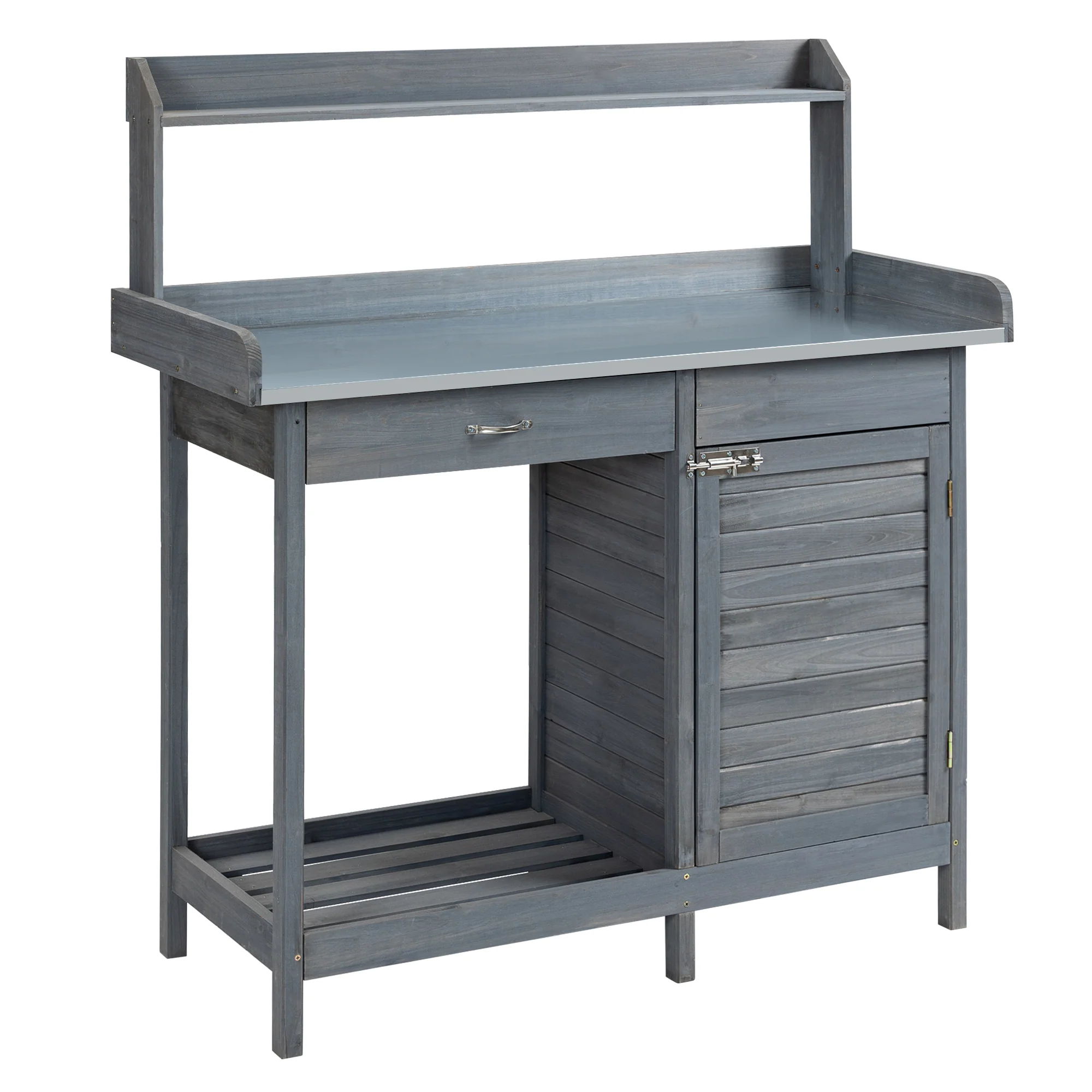 Outdoor Potting Bench Table with Storage Drawer & Cabinet, Steel Tabletop, Hooks, Gray - Image 2