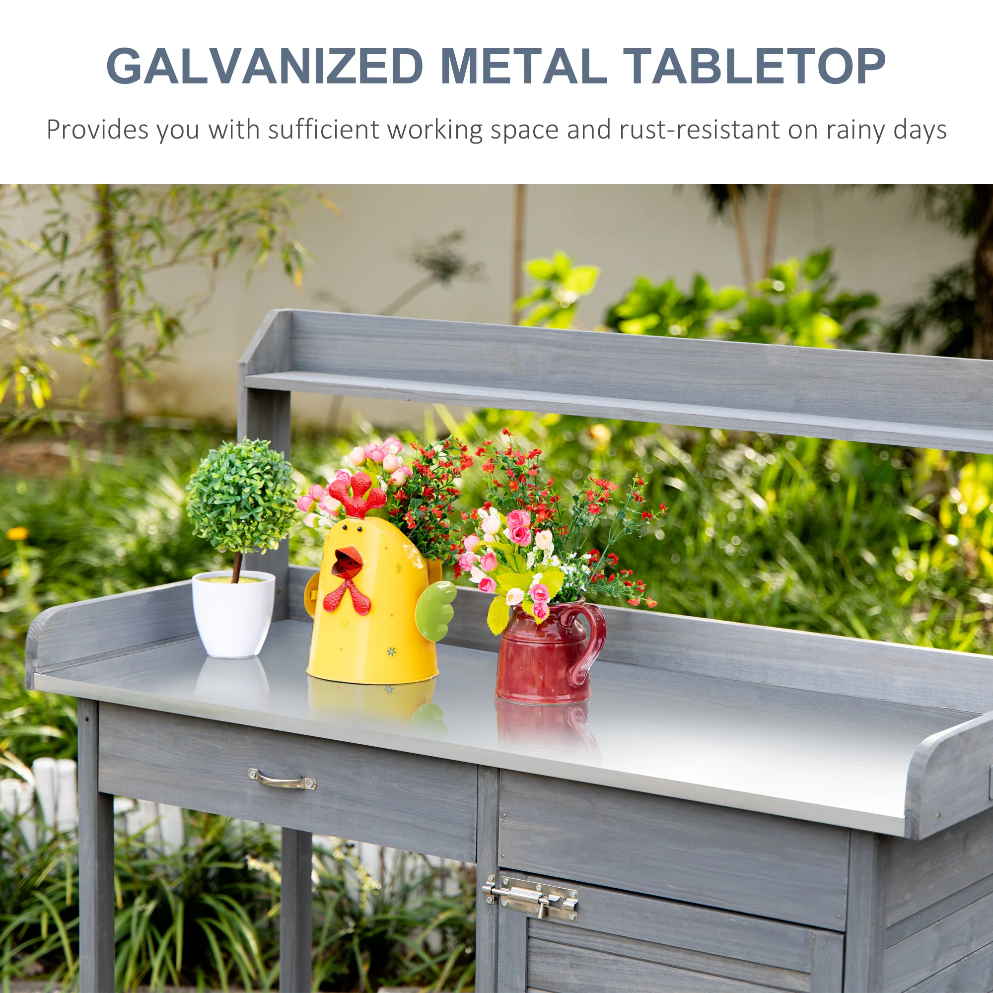 Outdoor Potting Bench Table with Storage Drawer & Cabinet, Steel Tabletop, Hooks, Gray - Image 6