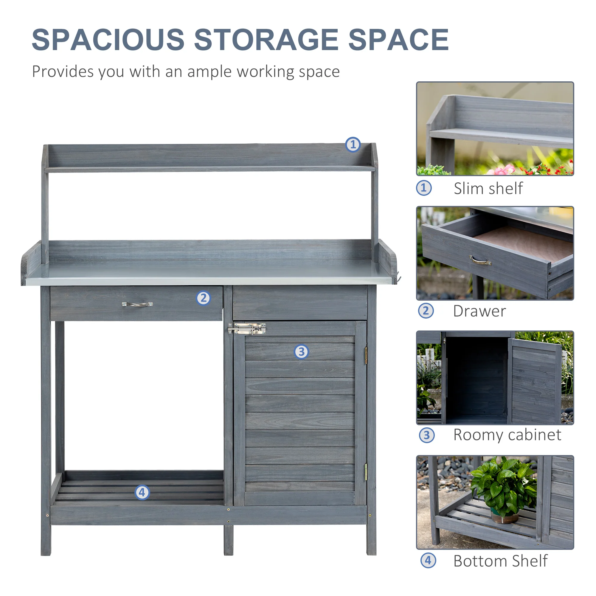 Outdoor Potting Bench Table with Storage Drawer & Cabinet, Steel Tabletop, Hooks, Gray - Image 7
