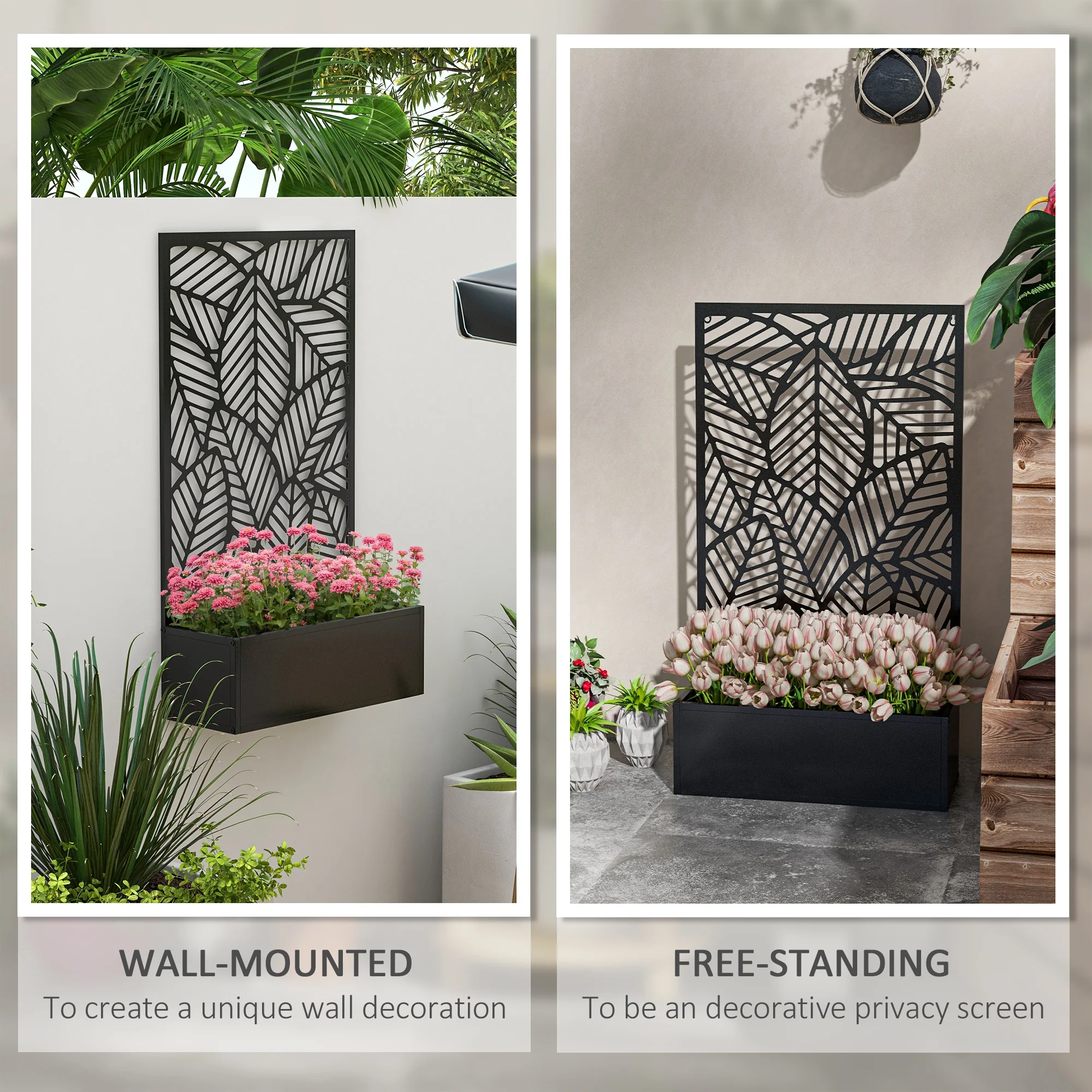 Outdoor Privacy Screen with Planter Box, Metal Privacy Panel, and Raised Garden Bed, Wall-Mounted or Freestanding for Garden, Patio, Pool, Hot Tub, Black - Image 6