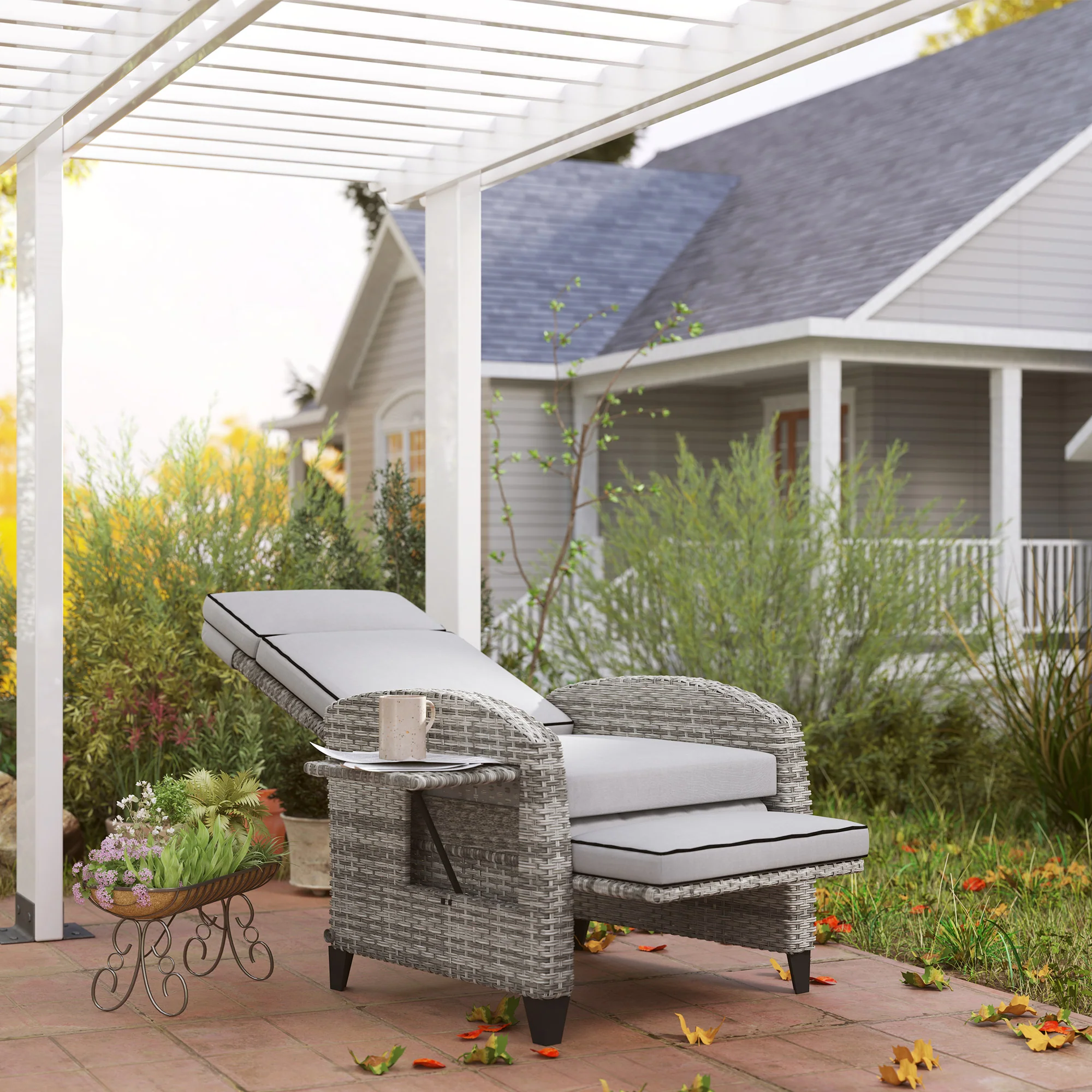 Reclining Garden Chairs with Cushions, Adjustable Footrest, Side Tray Table, Gray - Image 10