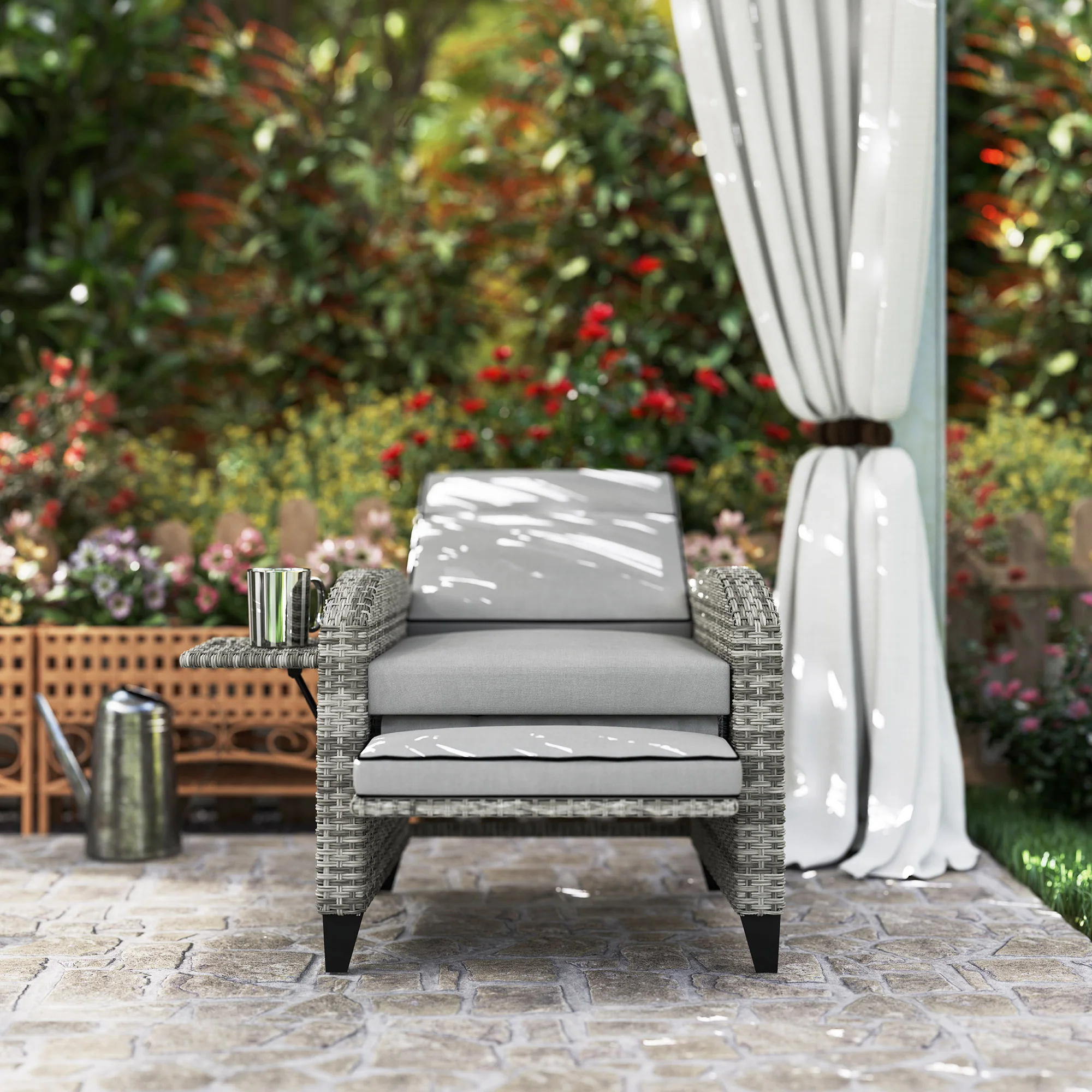 Reclining Garden Chairs with Cushions, Adjustable Footrest, Side Tray Table, Gray - Image 11