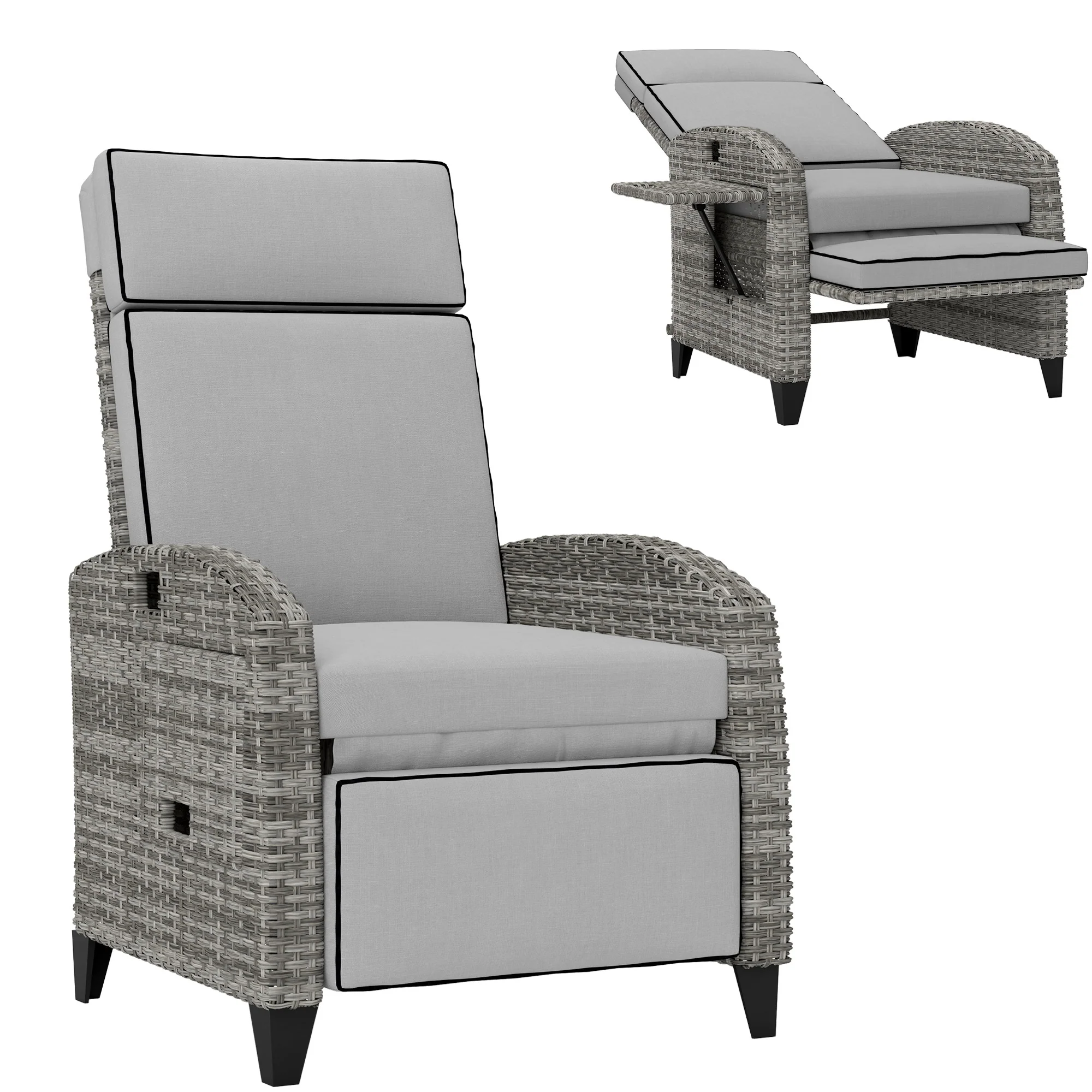 Reclining Garden Chairs with Cushions, Adjustable Footrest, Side Tray Table, Gray - Image 12