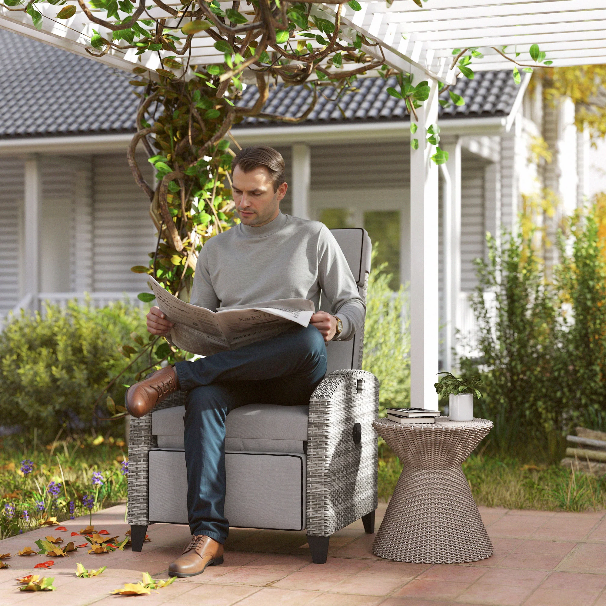 Reclining Garden Chairs with Cushions, Adjustable Footrest, Side Tray Table, Gray - Image 3