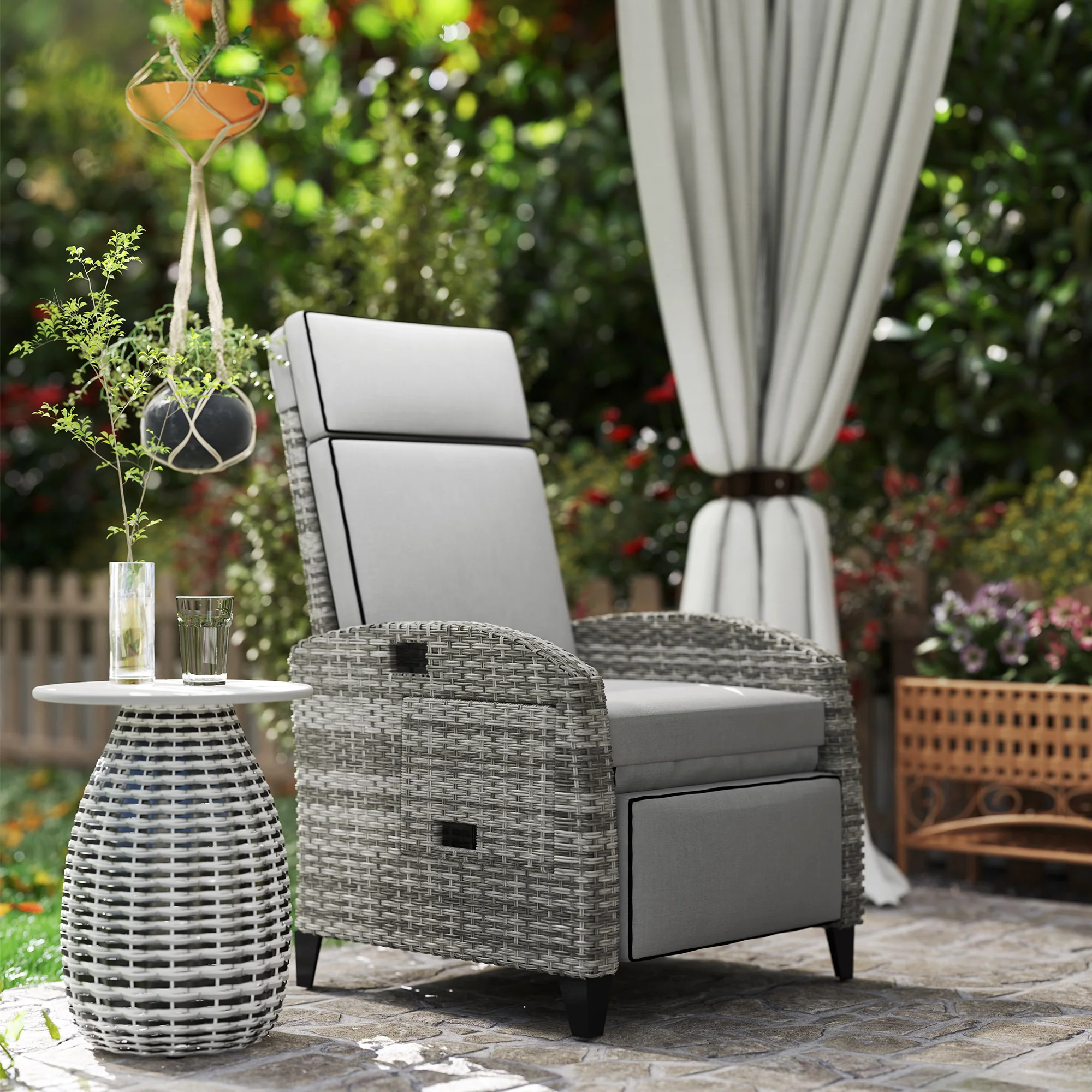 Reclining Garden Chairs with Cushions, Adjustable Footrest, Side Tray Table, Gray - Image 4
