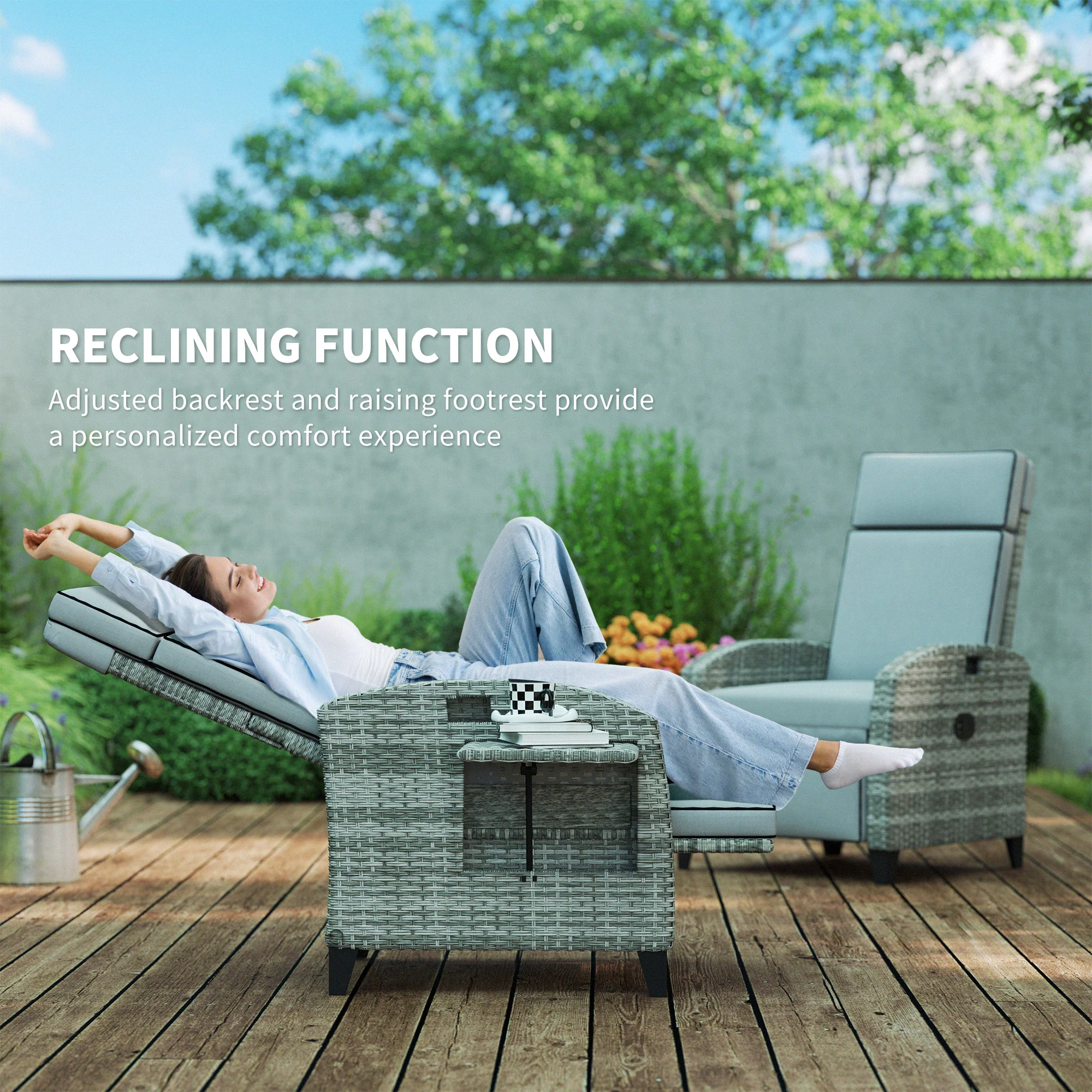 Reclining Garden Chairs with Cushions, Adjustable Footrest, Side Tray Table, Gray - Image 6