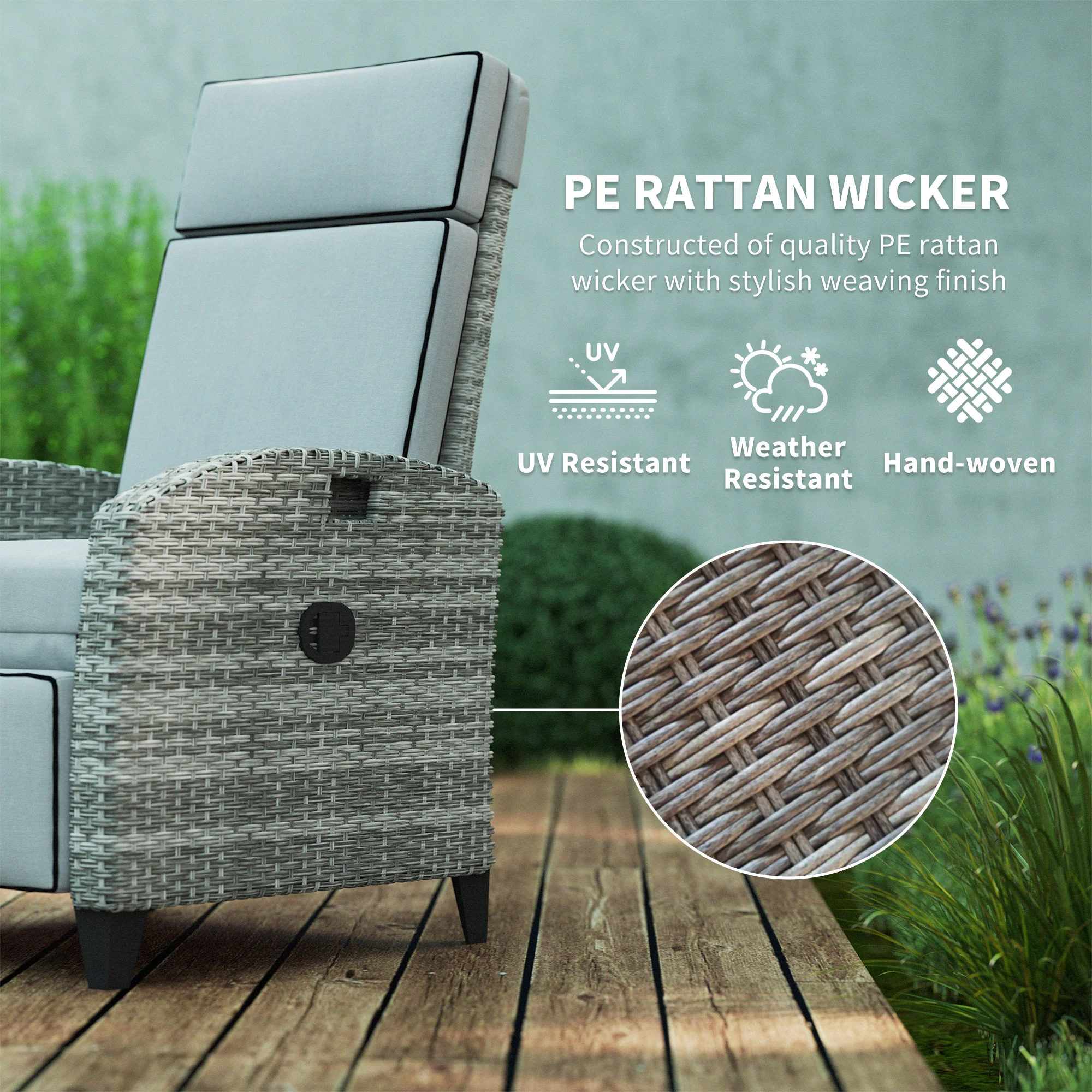 Reclining Garden Chairs with Cushions, Adjustable Footrest, Side Tray Table, Gray - Image 7