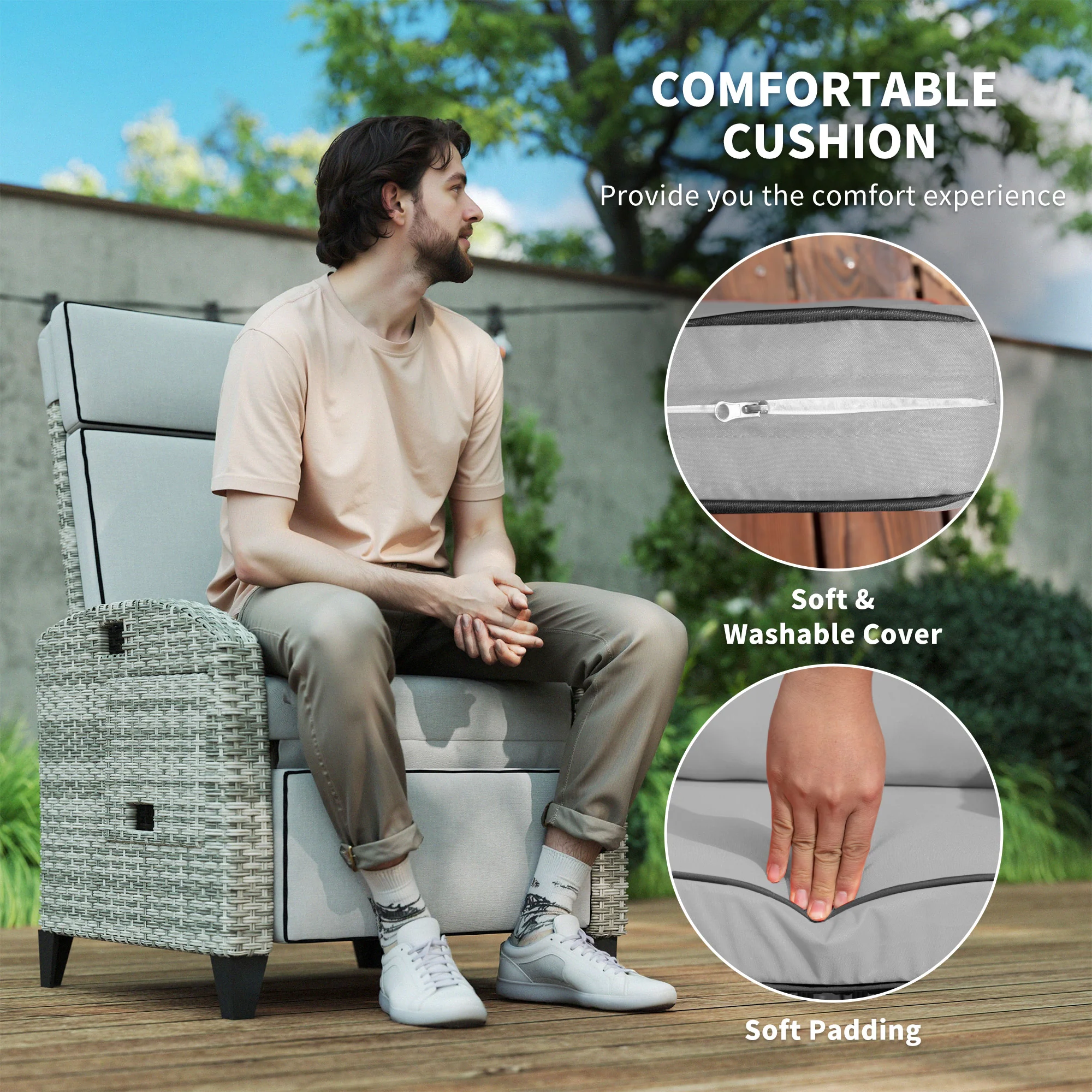 Reclining Garden Chairs with Cushions, Adjustable Footrest, Side Tray Table, Gray - Image 9