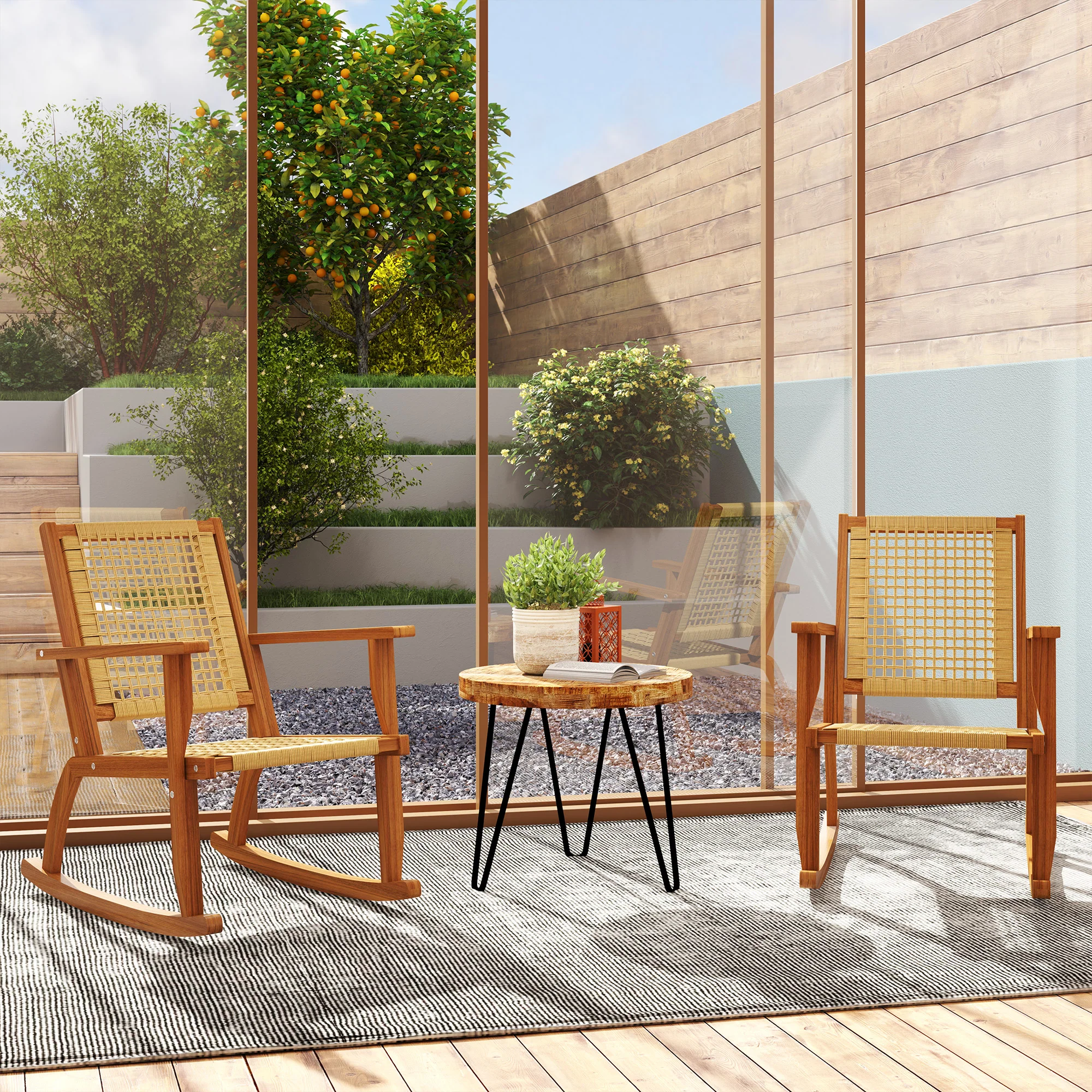 Acacia Wood Porch Rocking Chair Set of 2,  Rattan Wicker Back and Seat, Khaki - Image 3