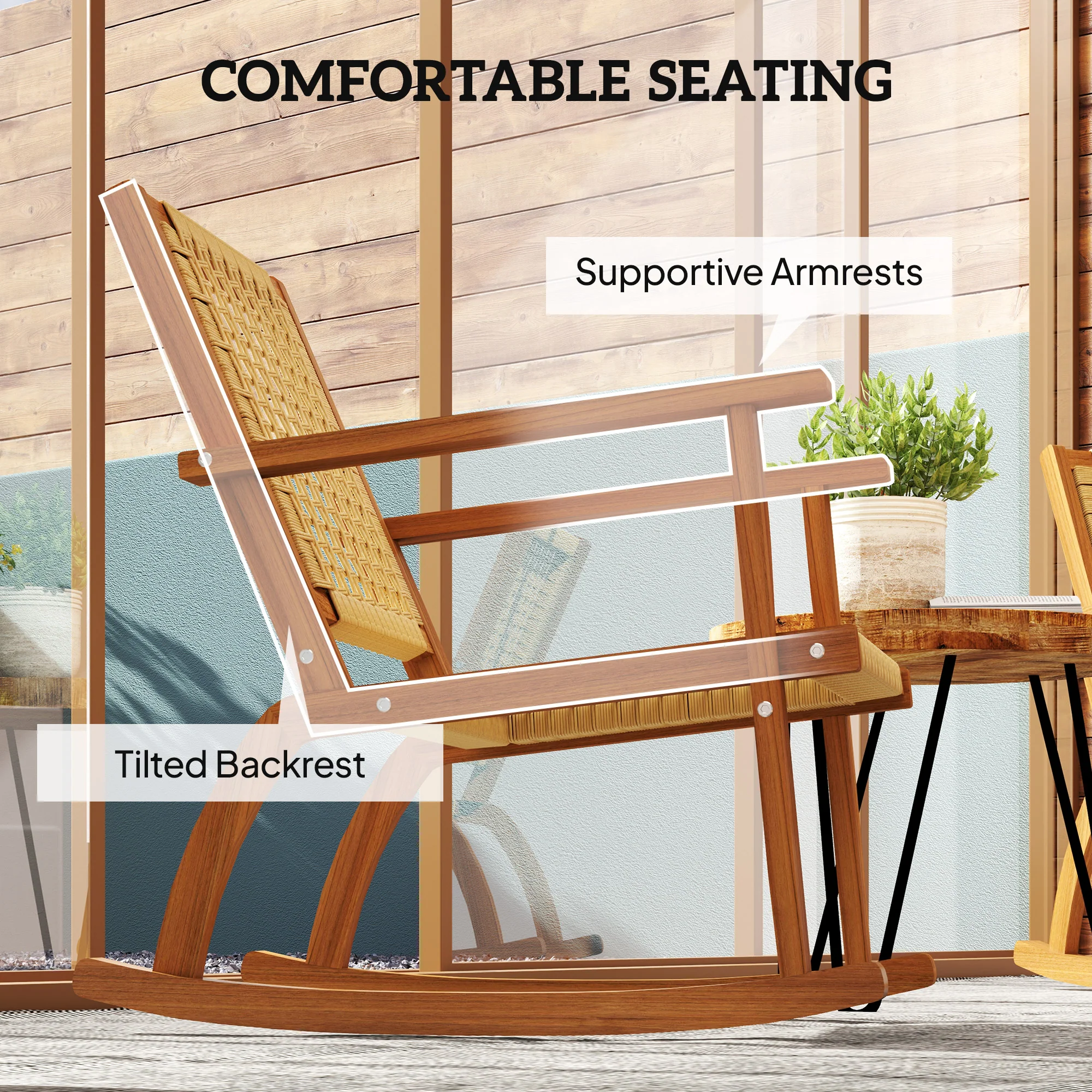 Acacia Wood Porch Rocking Chair Set of 2,  Rattan Wicker Back and Seat, Khaki - Image 9