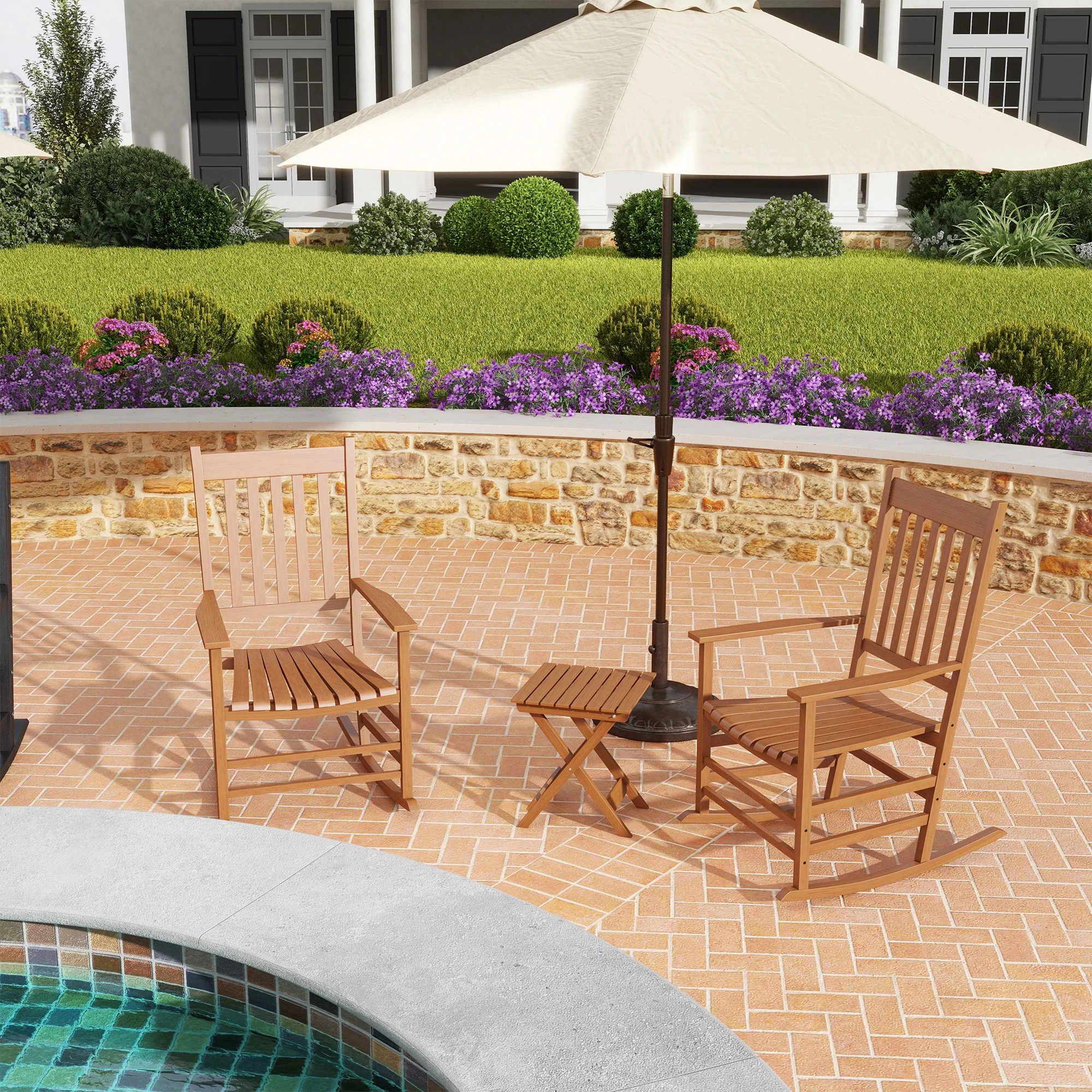 2-Piece Patio Rocking Chair Set, Wooden with Smooth Armrests, High Back, Supports 352 lbs, Teak - Image 11