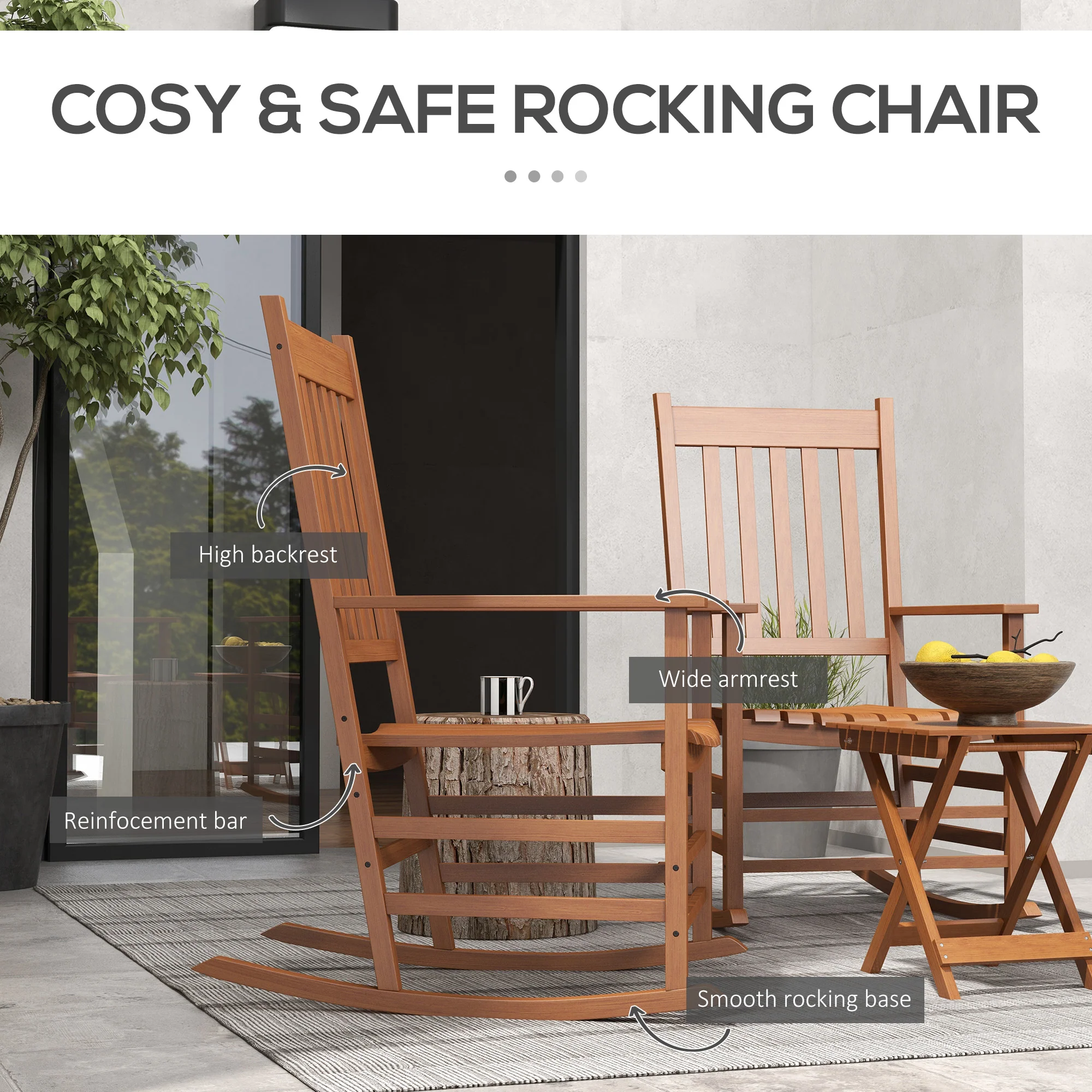 2-Piece Patio Rocking Chair Set, Wooden with Smooth Armrests, High Back, Supports 352 lbs, Teak - Image 7