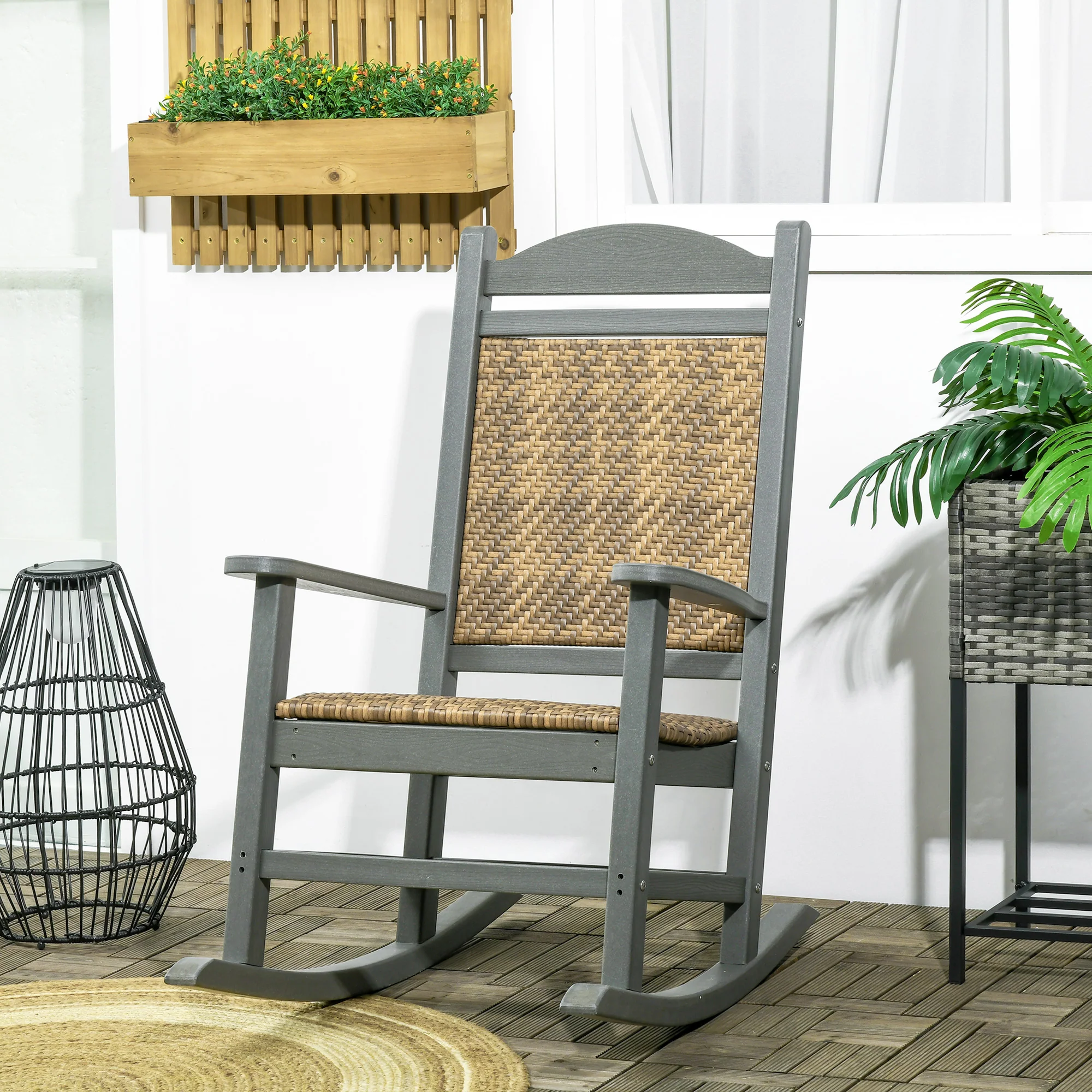 Traditional Wicker Rocking Chair with Soft Padded Seat, Breathable Backrest, Dark Gray - Image 3