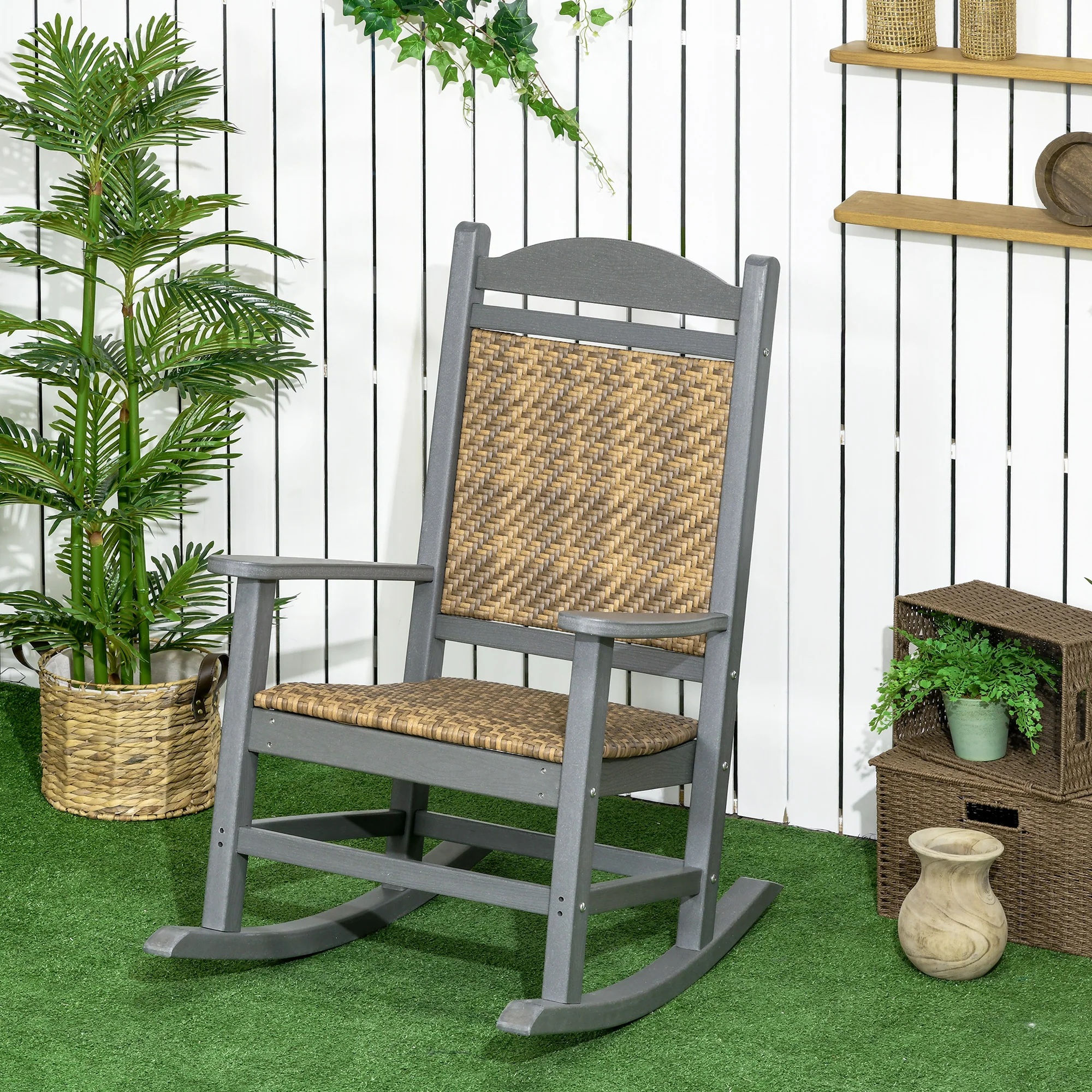 Traditional Wicker Rocking Chair with Soft Padded Seat, Breathable Backrest, Dark Gray - Image 4