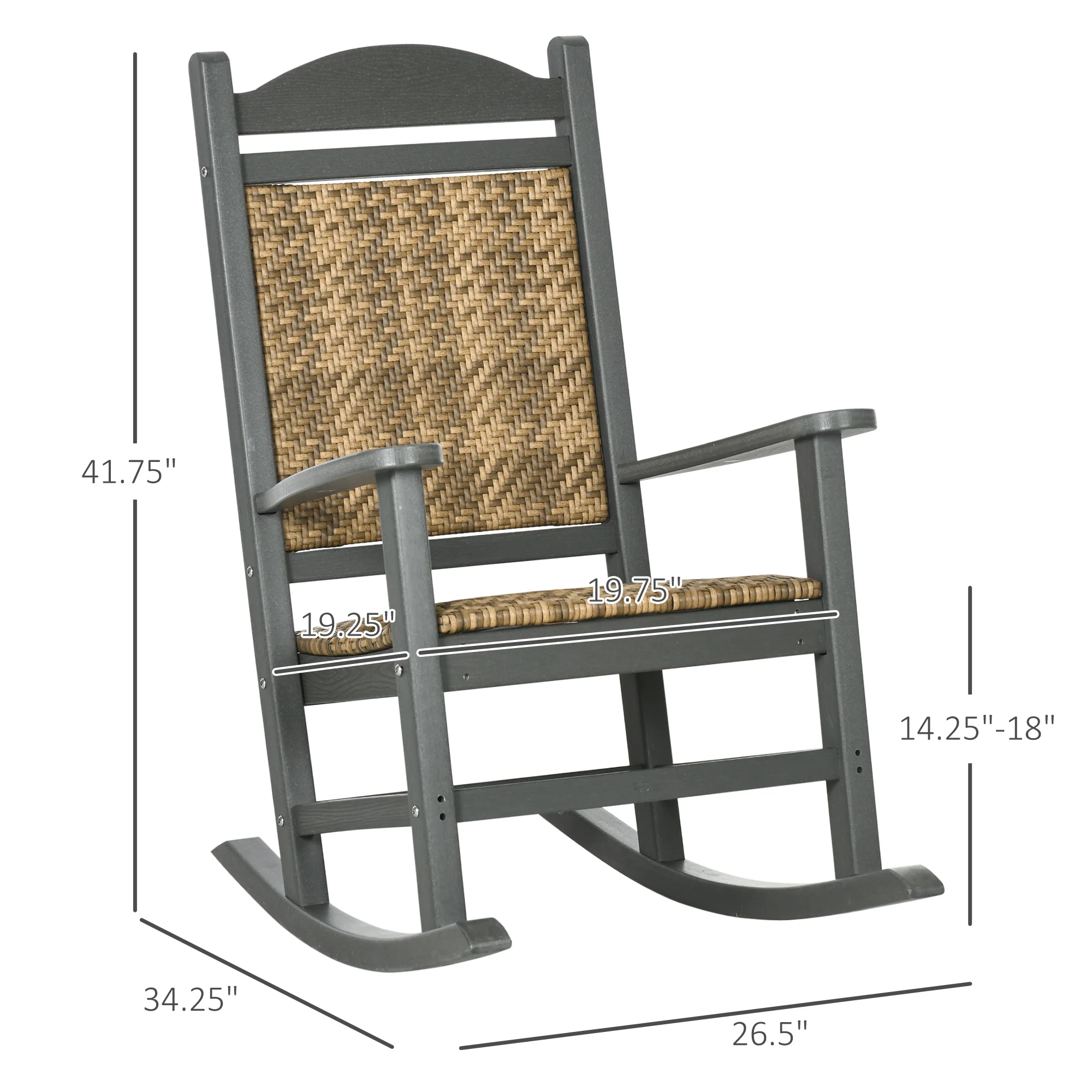 Traditional Wicker Rocking Chair with Soft Padded Seat, Breathable Backrest, Dark Gray - Image 5