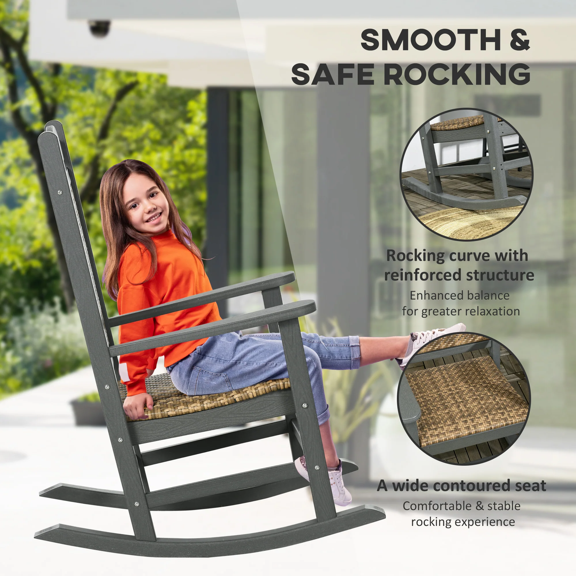 Traditional Wicker Rocking Chair with Soft Padded Seat, Breathable Backrest, Dark Gray - Image 7