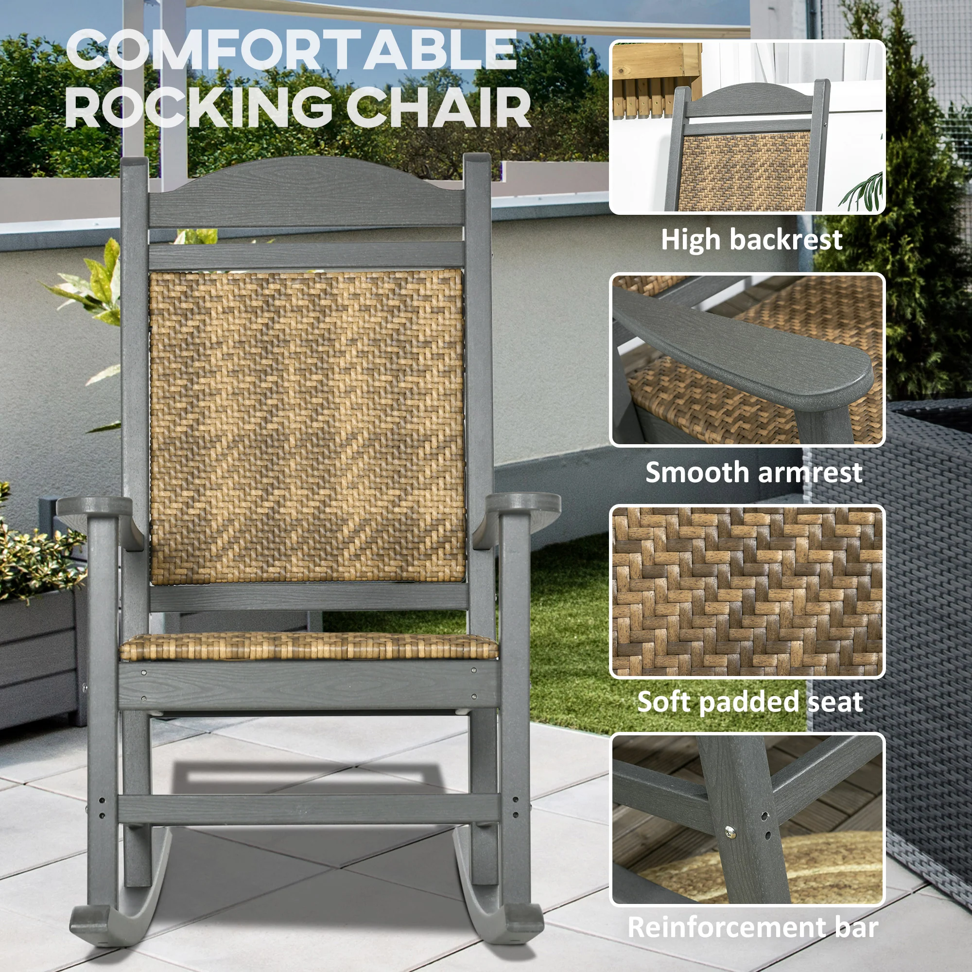 Traditional Wicker Rocking Chair with Soft Padded Seat, Breathable Backrest, Dark Gray - Image 8