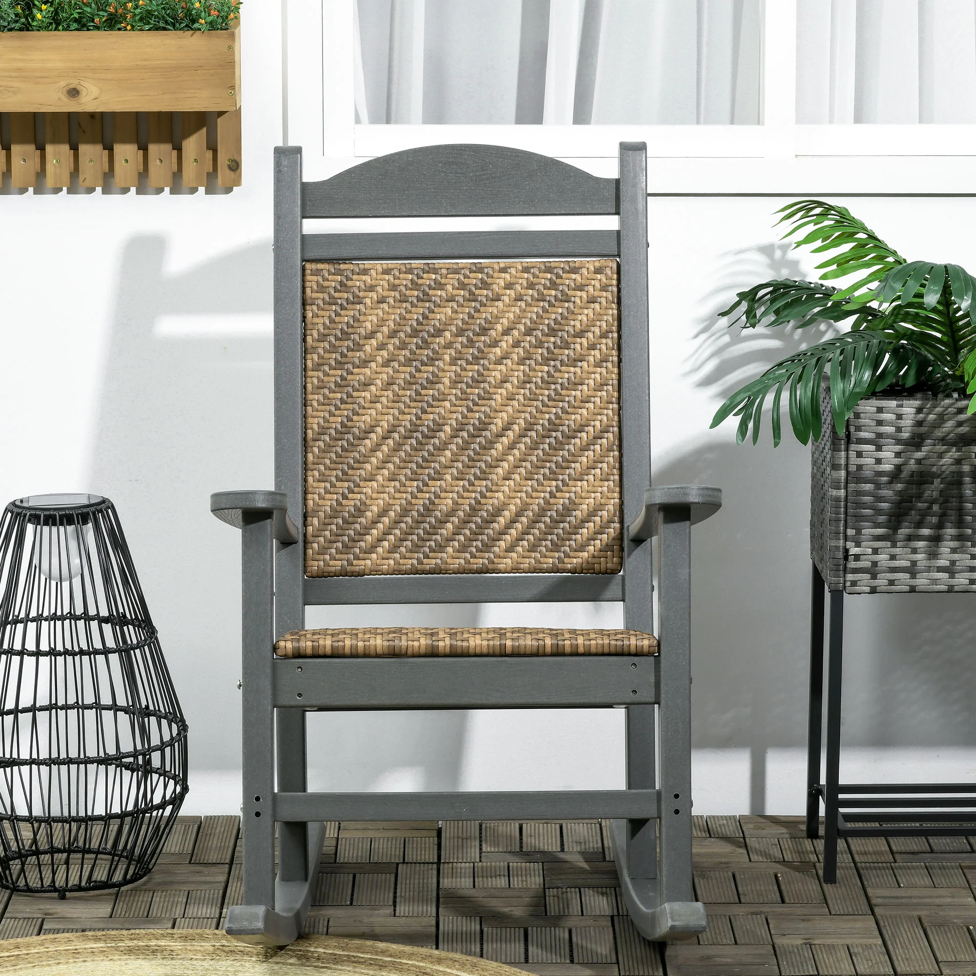 Traditional Wicker Rocking Chair with Soft Padded Seat, Breathable Backrest, Dark Gray - Image 9