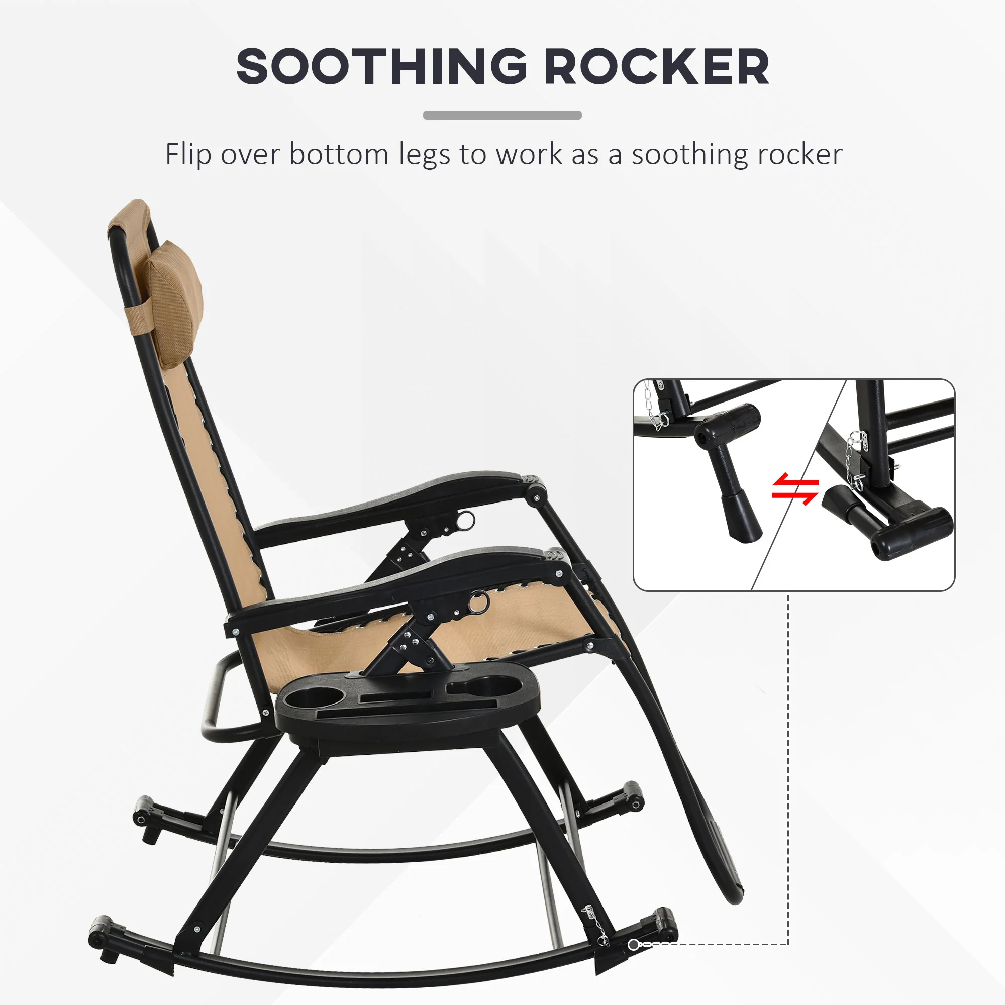 Foldable Reclining Zero Gravity Rocker, Pillow, Cup & Phone Holder, Beige - Image 10