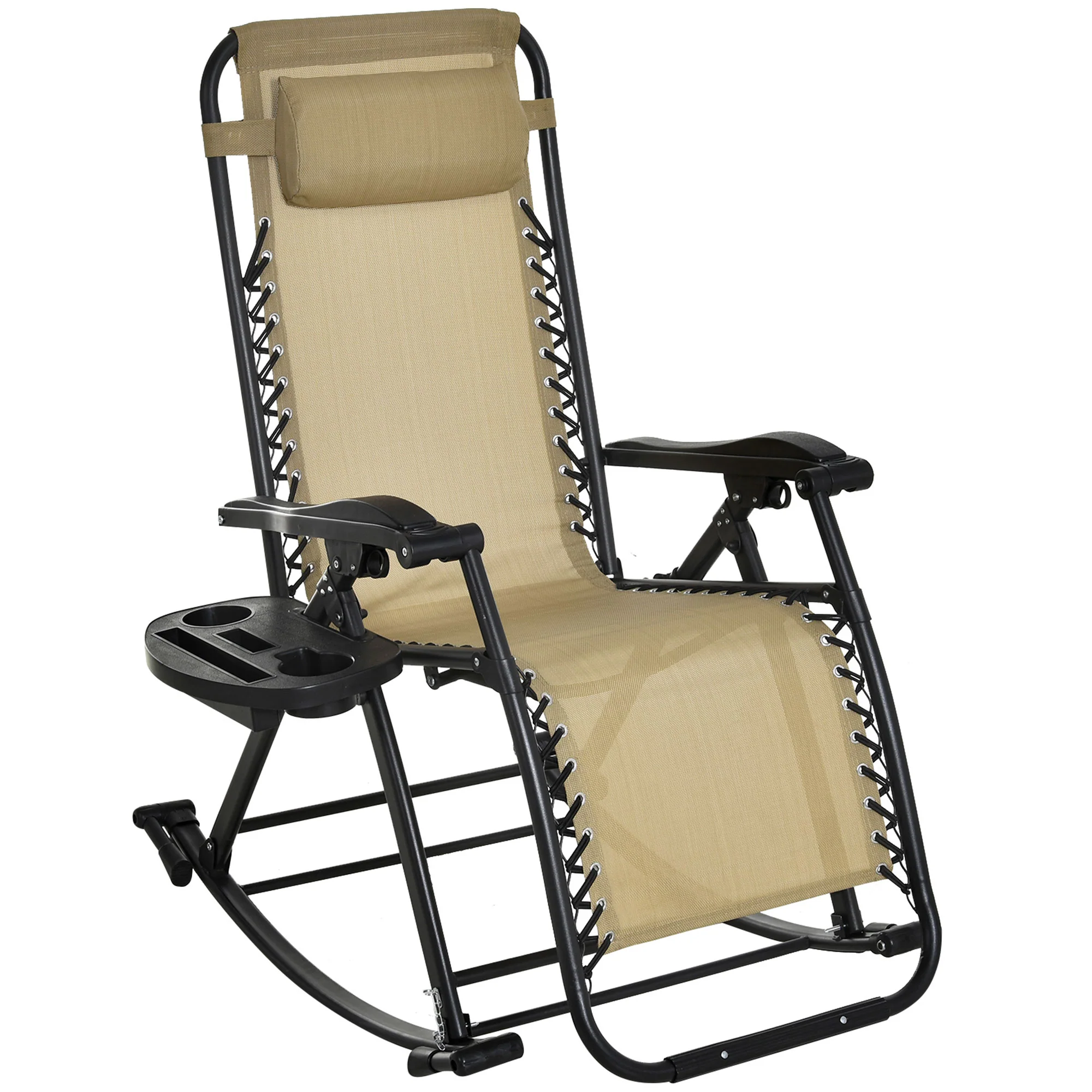 Foldable Reclining Zero Gravity Rocker, Pillow, Cup & Phone Holder, Beige - Image 14