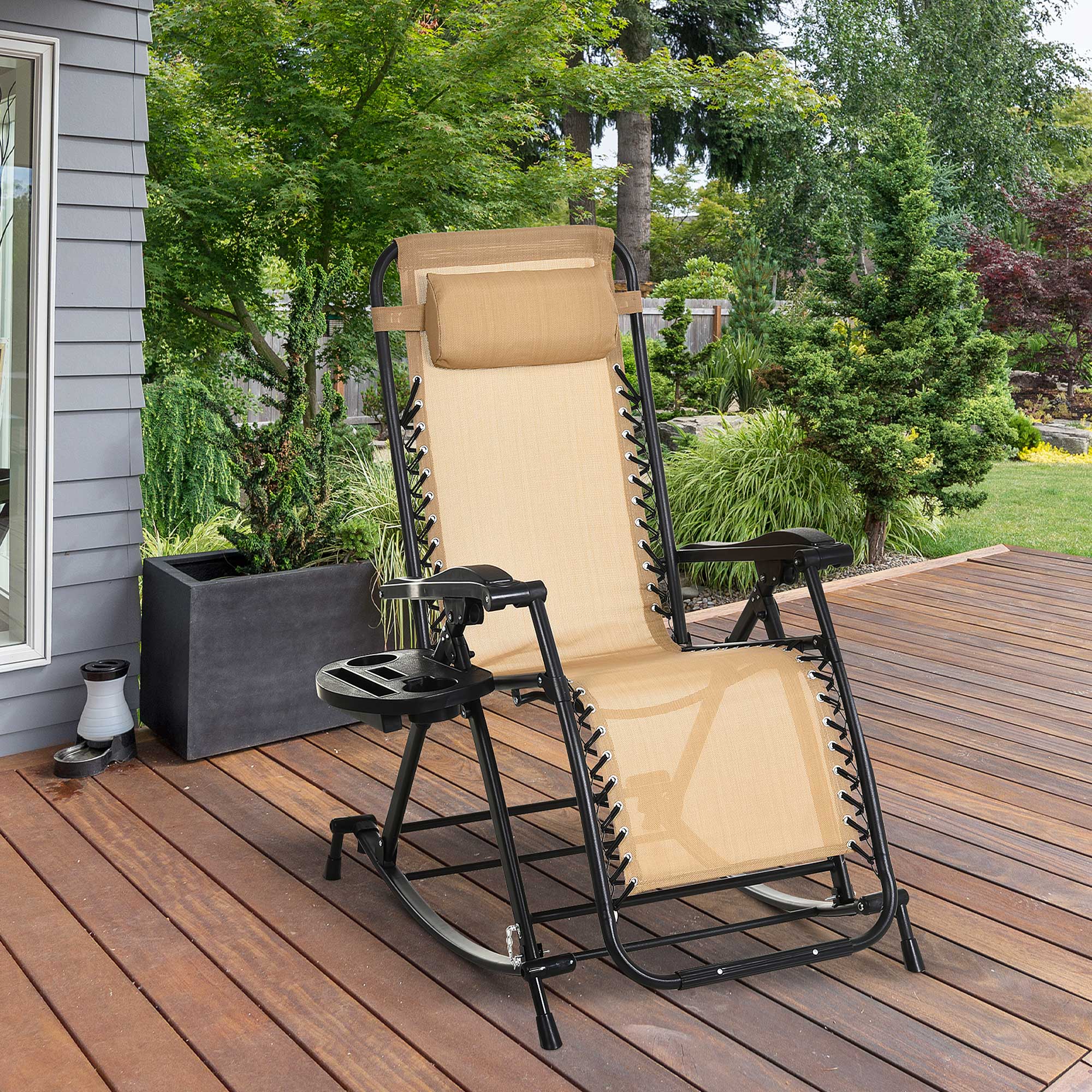 Foldable Reclining Zero Gravity Rocker, Pillow, Cup & Phone Holder, Beige - Image 3