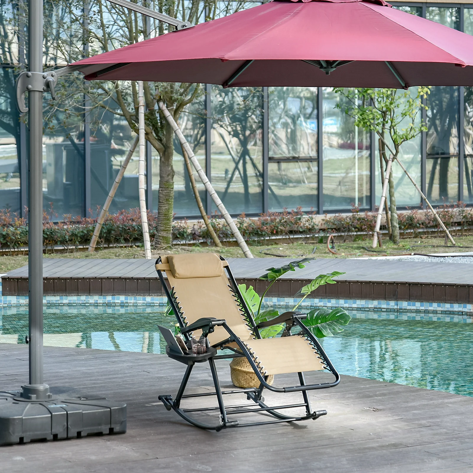 Foldable Reclining Zero Gravity Rocker, Pillow, Cup & Phone Holder, Beige - Image 4