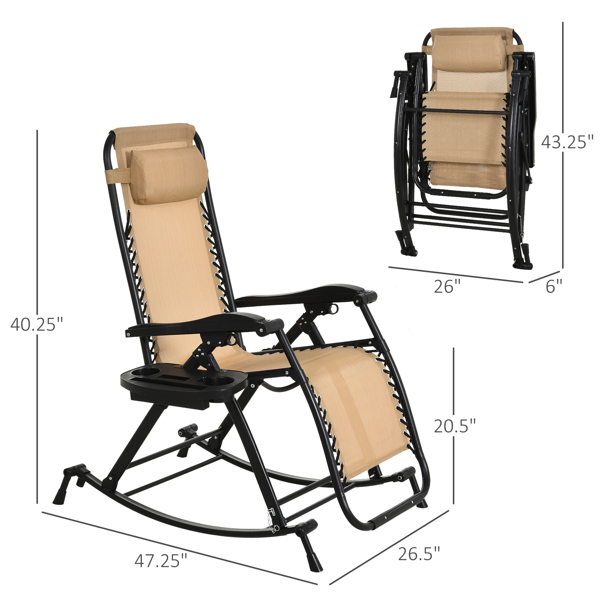 Foldable Reclining Zero Gravity Rocker, Pillow, Cup & Phone Holder, Beige - Image 5