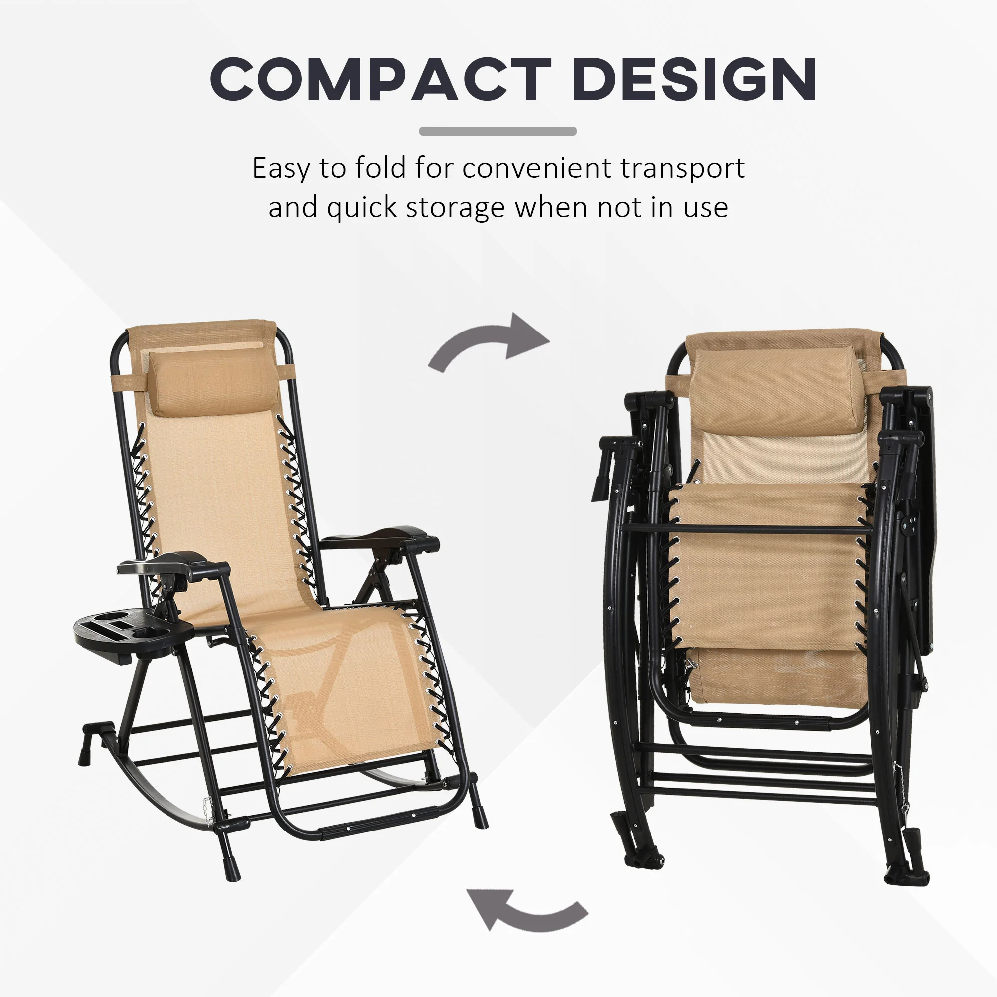 Foldable Reclining Zero Gravity Rocker, Pillow, Cup & Phone Holder, Beige - Image 6