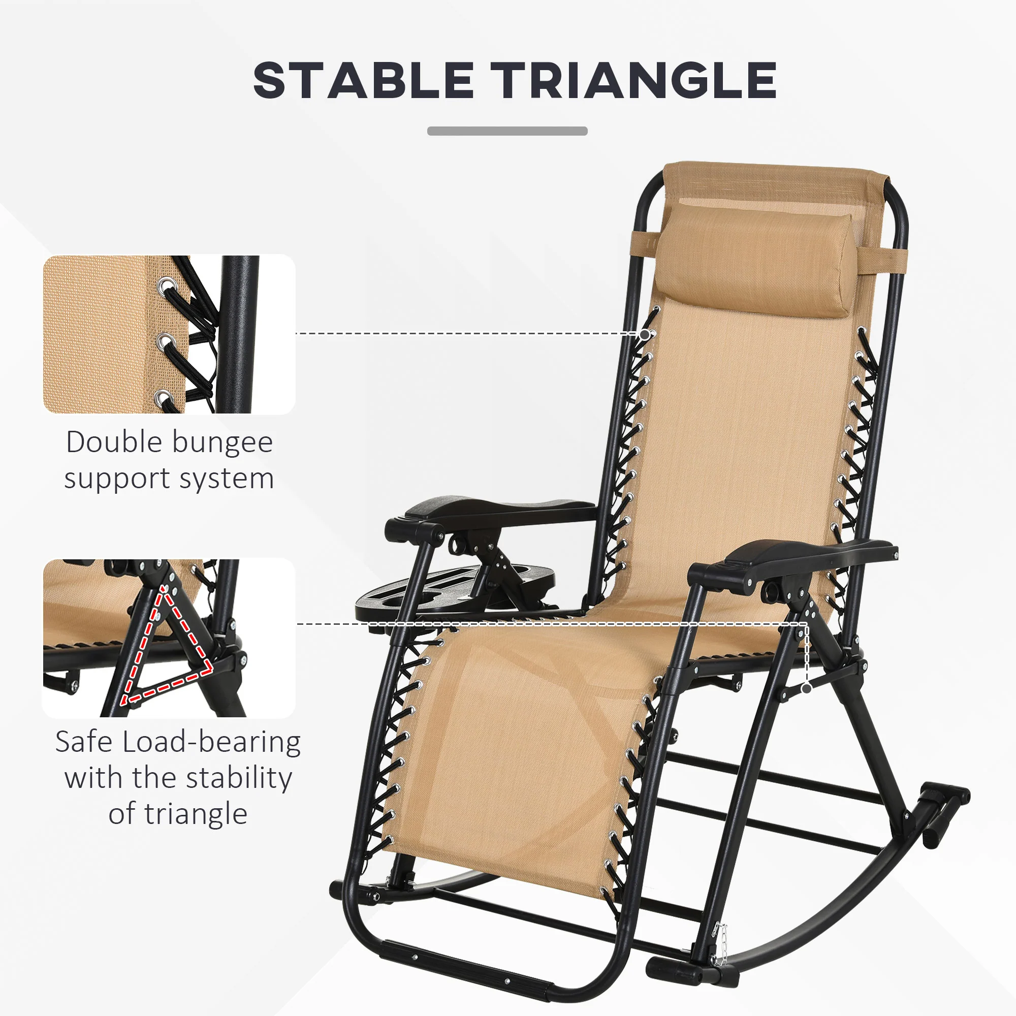 Foldable Reclining Zero Gravity Rocker, Pillow, Cup & Phone Holder, Beige - Image 8