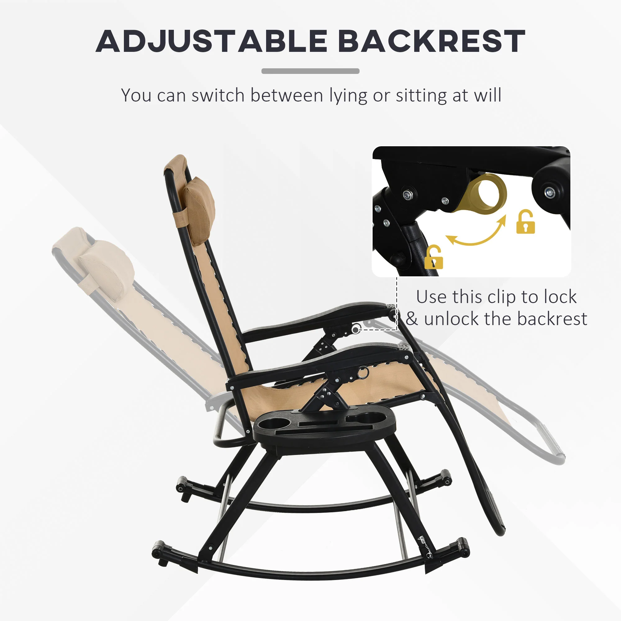 Foldable Reclining Zero Gravity Rocker, Pillow, Cup & Phone Holder, Beige - Image 9