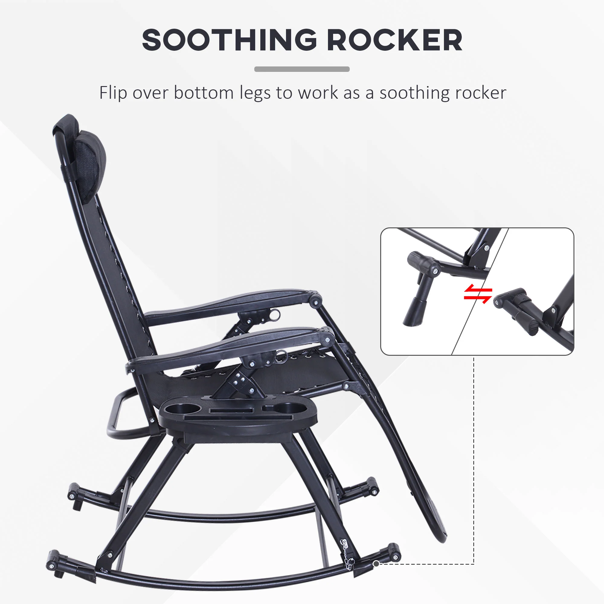 Foldable Reclining Zero Gravity Rocker, Pillow, Cup & Phone Holder, Black - Image 10