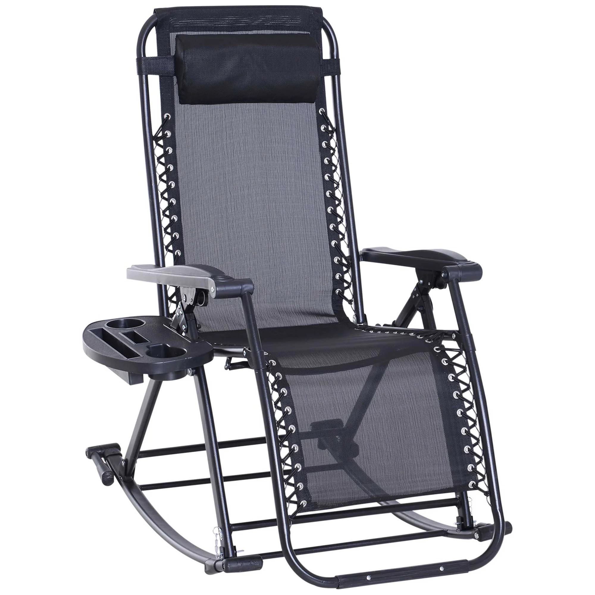 Foldable Reclining Zero Gravity Rocker, Pillow, Cup & Phone Holder, Black - Image 12