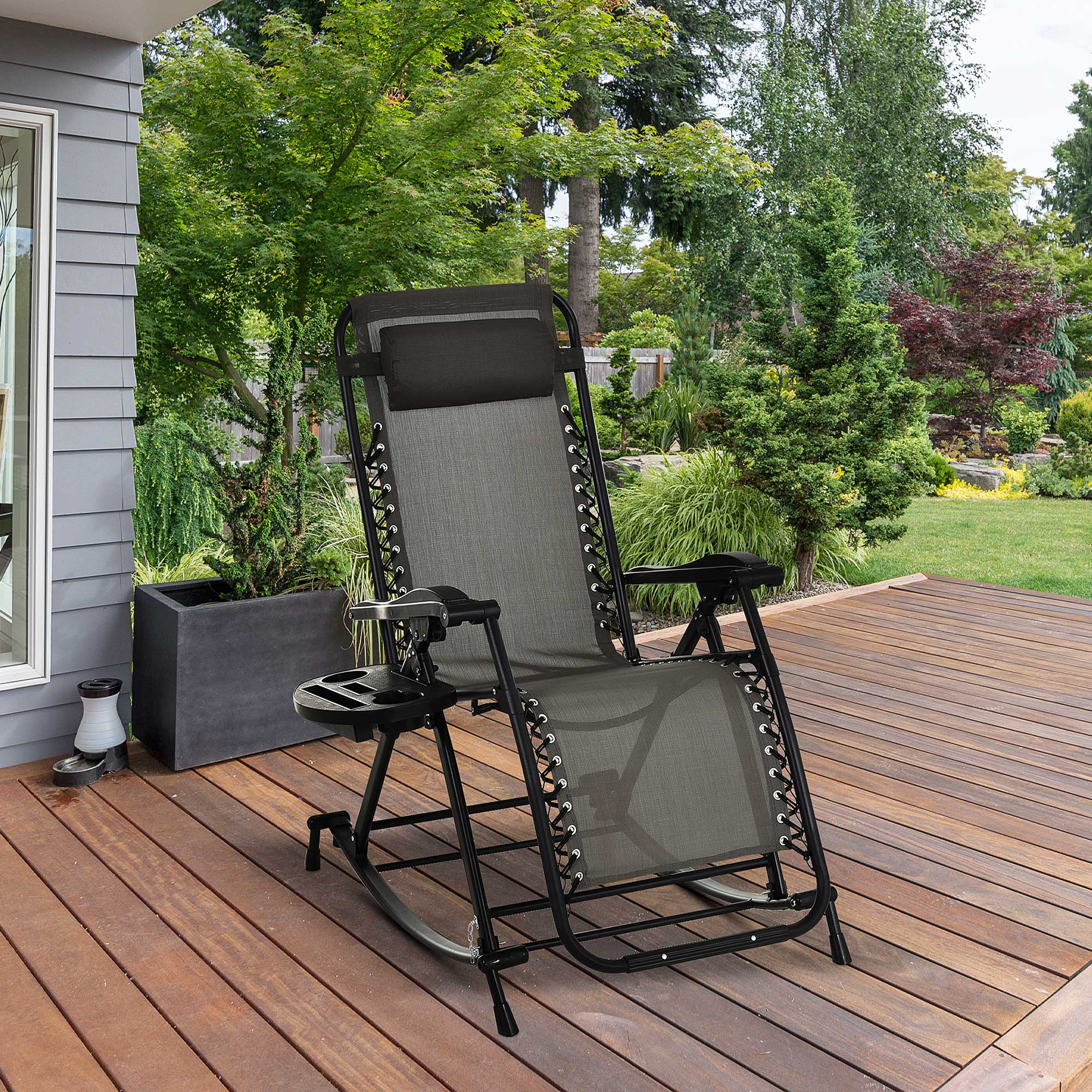 Foldable Reclining Zero Gravity Rocker, Pillow, Cup & Phone Holder, Gray - Image 3