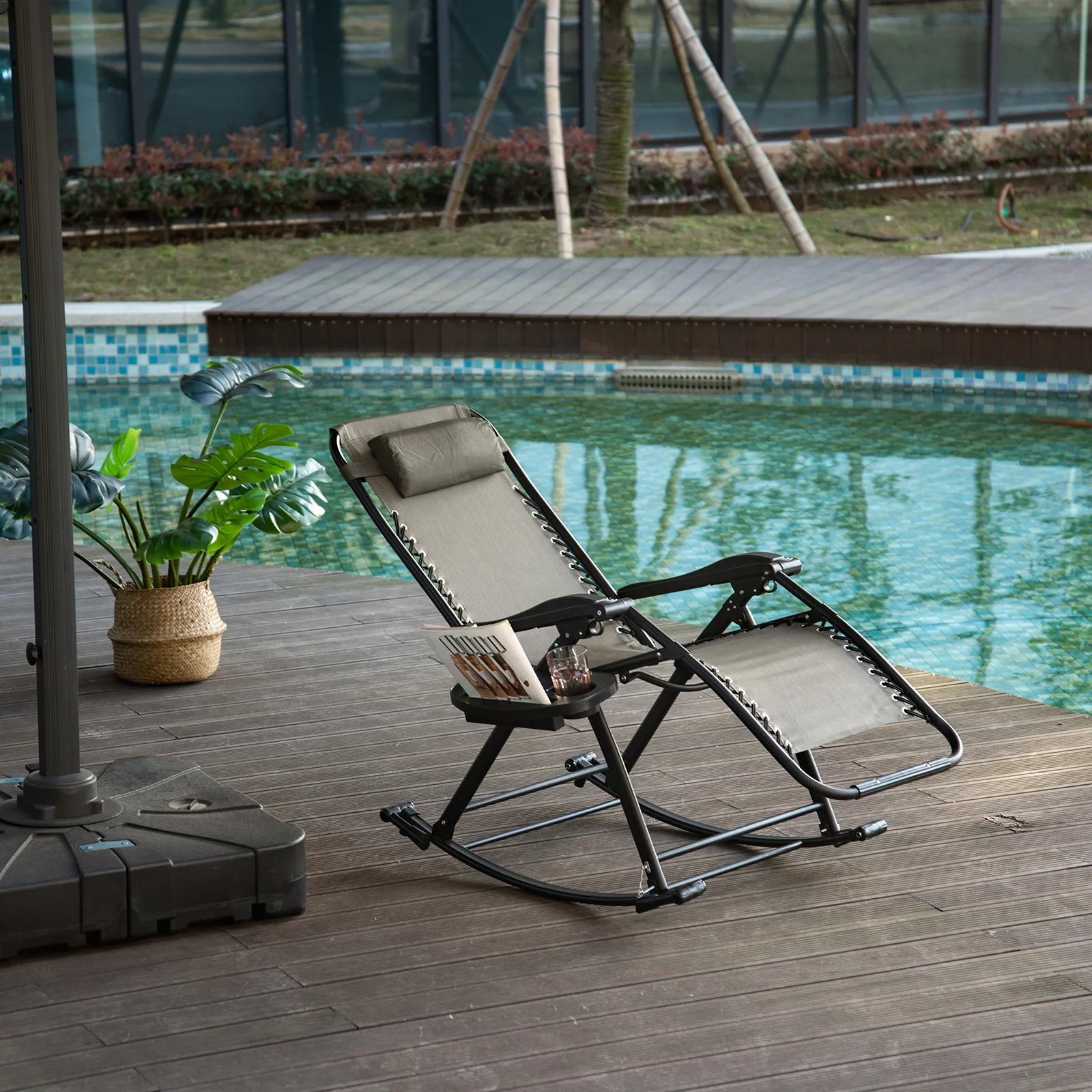 Foldable Reclining Zero Gravity Rocker, Pillow, Cup & Phone Holder, Gray - Image 4