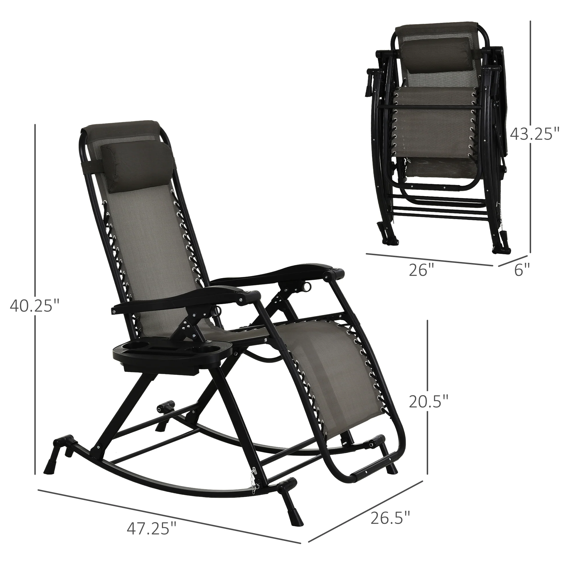Foldable Reclining Zero Gravity Rocker, Pillow, Cup & Phone Holder, Gray - Image 5