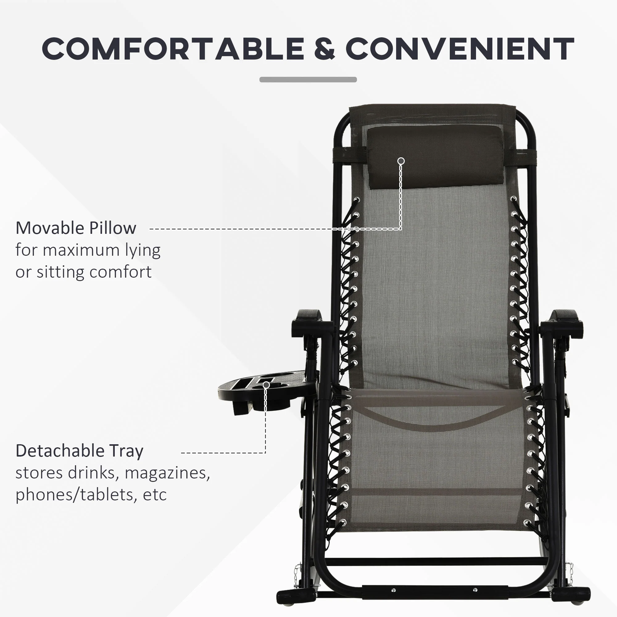 Foldable Reclining Zero Gravity Rocker, Pillow, Cup & Phone Holder, Gray - Image 7