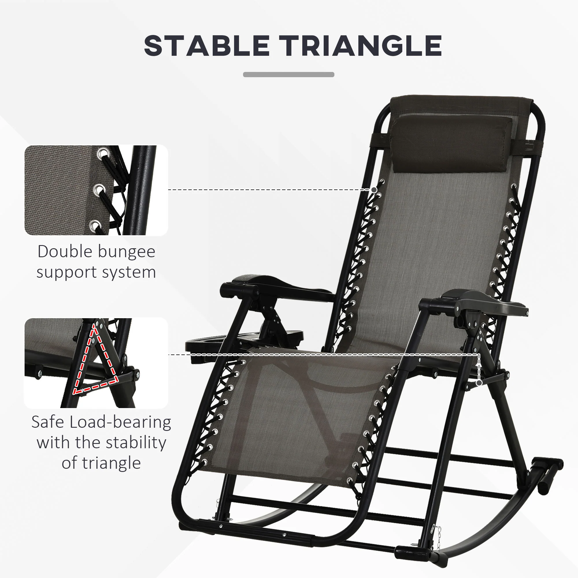 Foldable Reclining Zero Gravity Rocker, Pillow, Cup & Phone Holder, Gray - Image 8