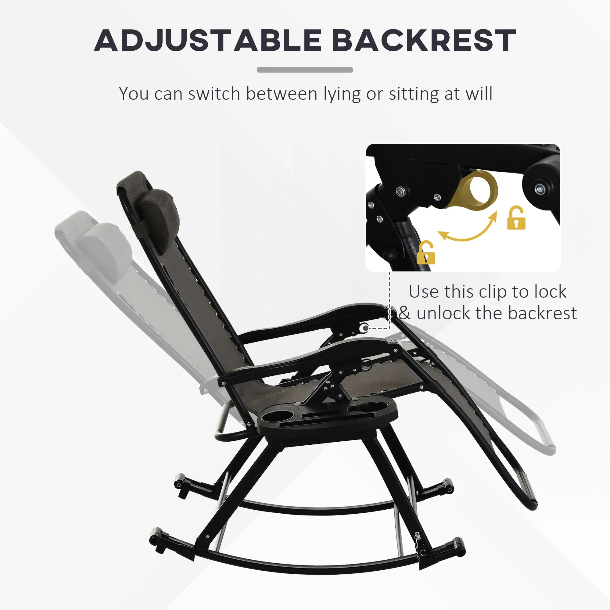 Foldable Reclining Zero Gravity Rocker, Pillow, Cup & Phone Holder, Gray - Image 9