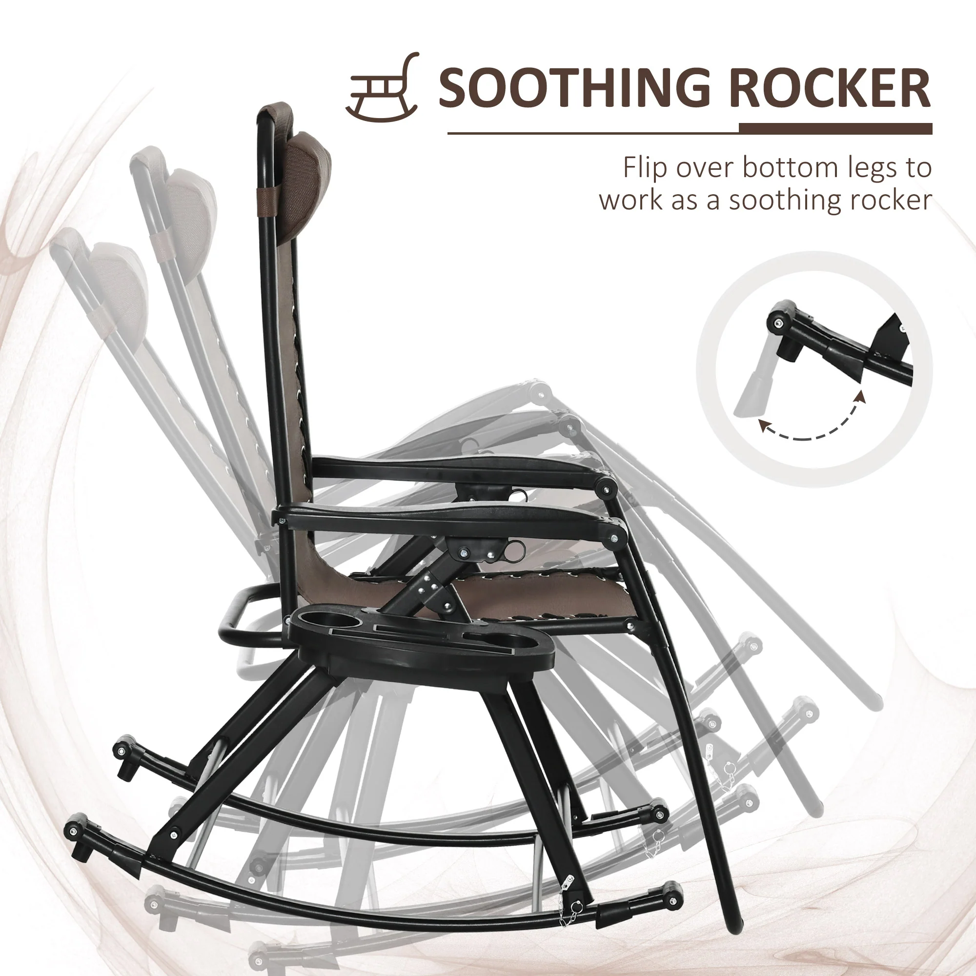 Foldable Reclining Zero Gravity Lounge Rockers w/ Pillow, Cup Holder, Brown - Image 10