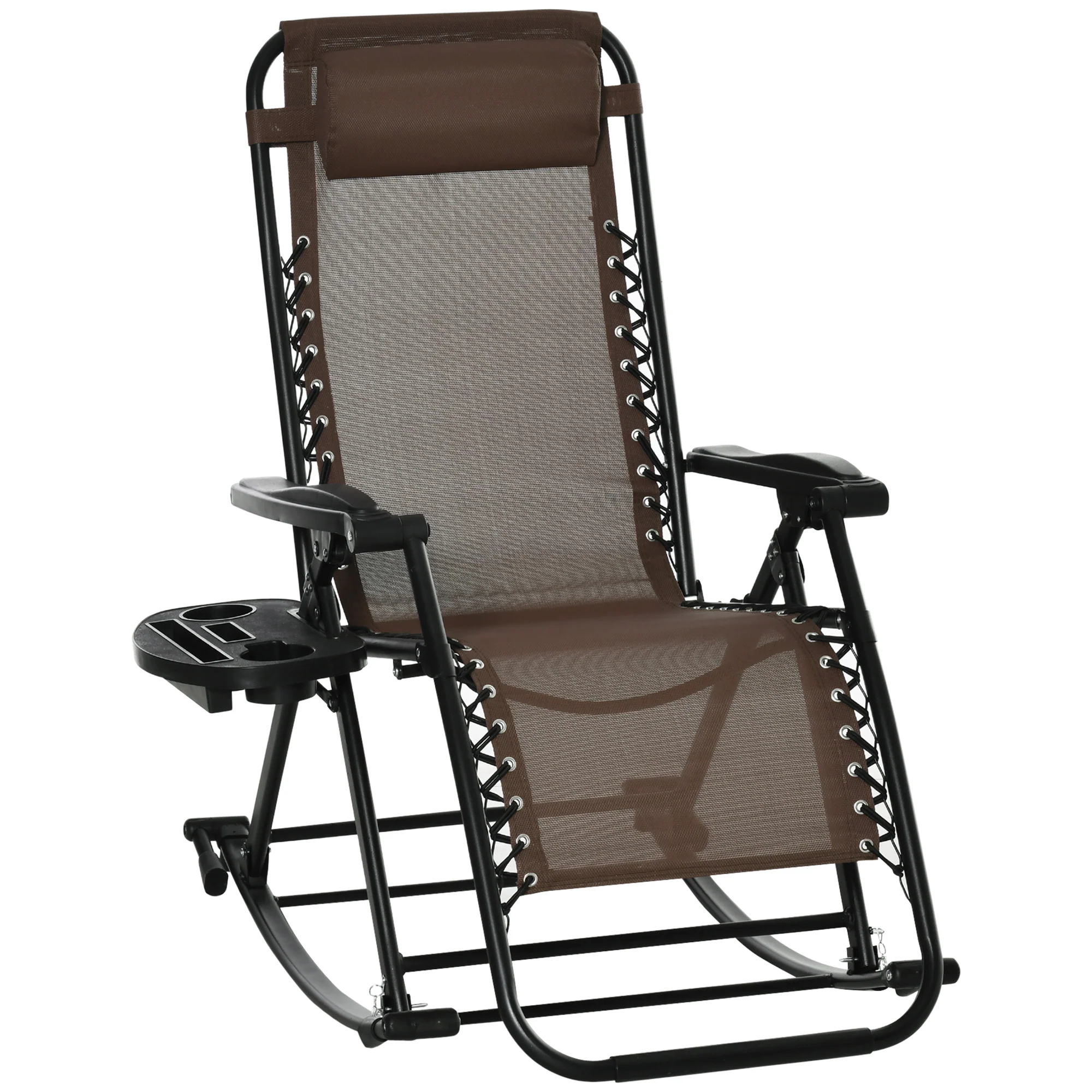 Foldable Reclining Zero Gravity Lounge Rockers w/ Pillow, Cup Holder, Brown - Image 12
