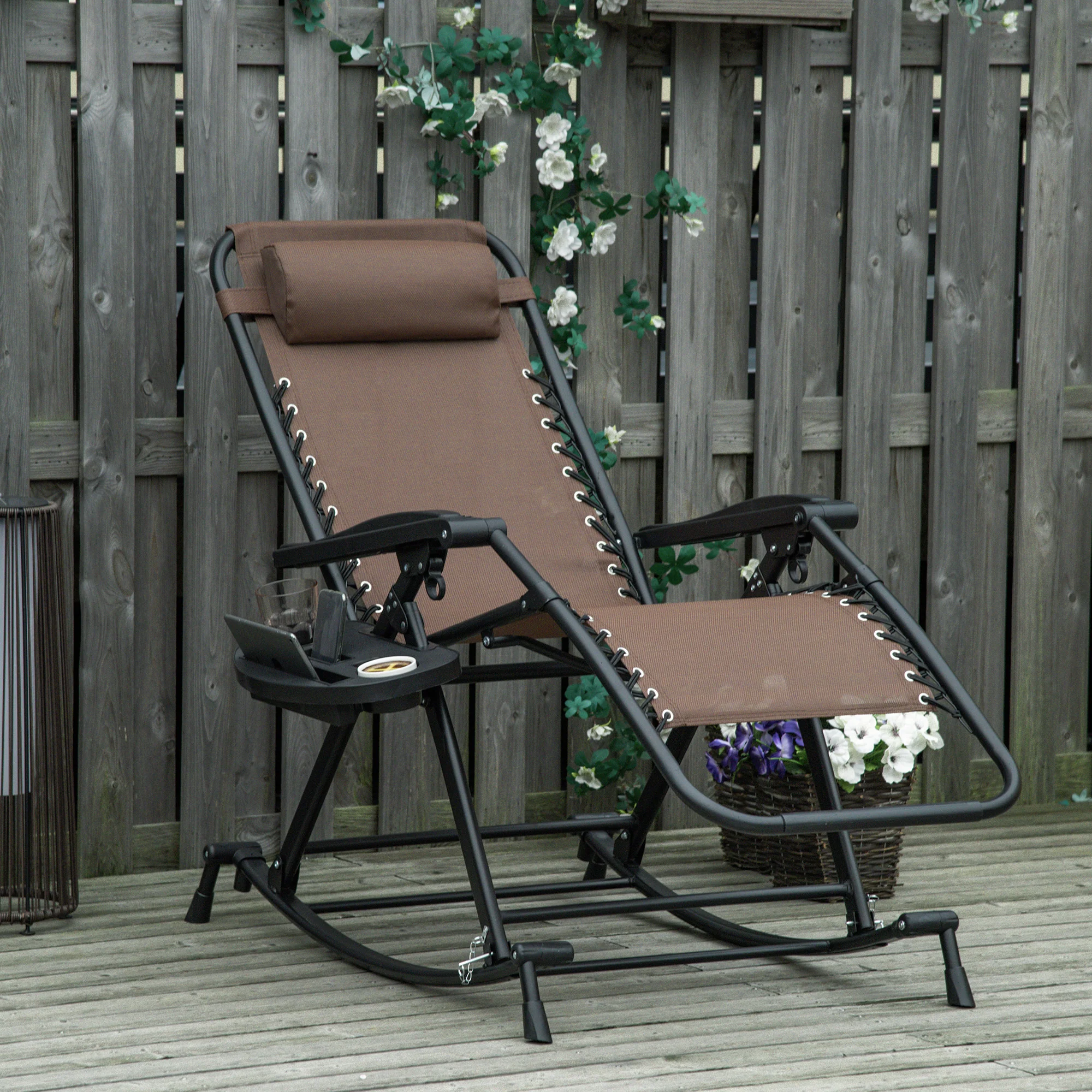 Foldable Reclining Zero Gravity Lounge Rockers w/ Pillow, Cup Holder, Brown - Image 3