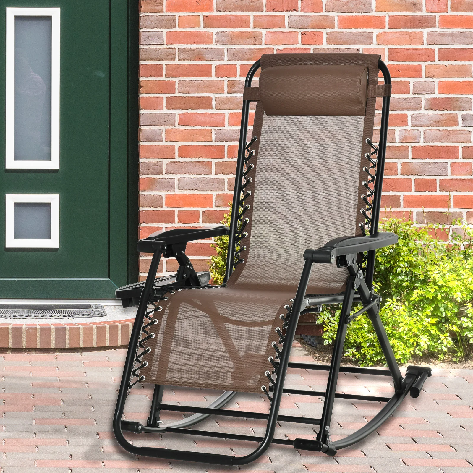 Foldable Reclining Zero Gravity Lounge Rockers w/ Pillow, Cup Holder, Brown - Image 4